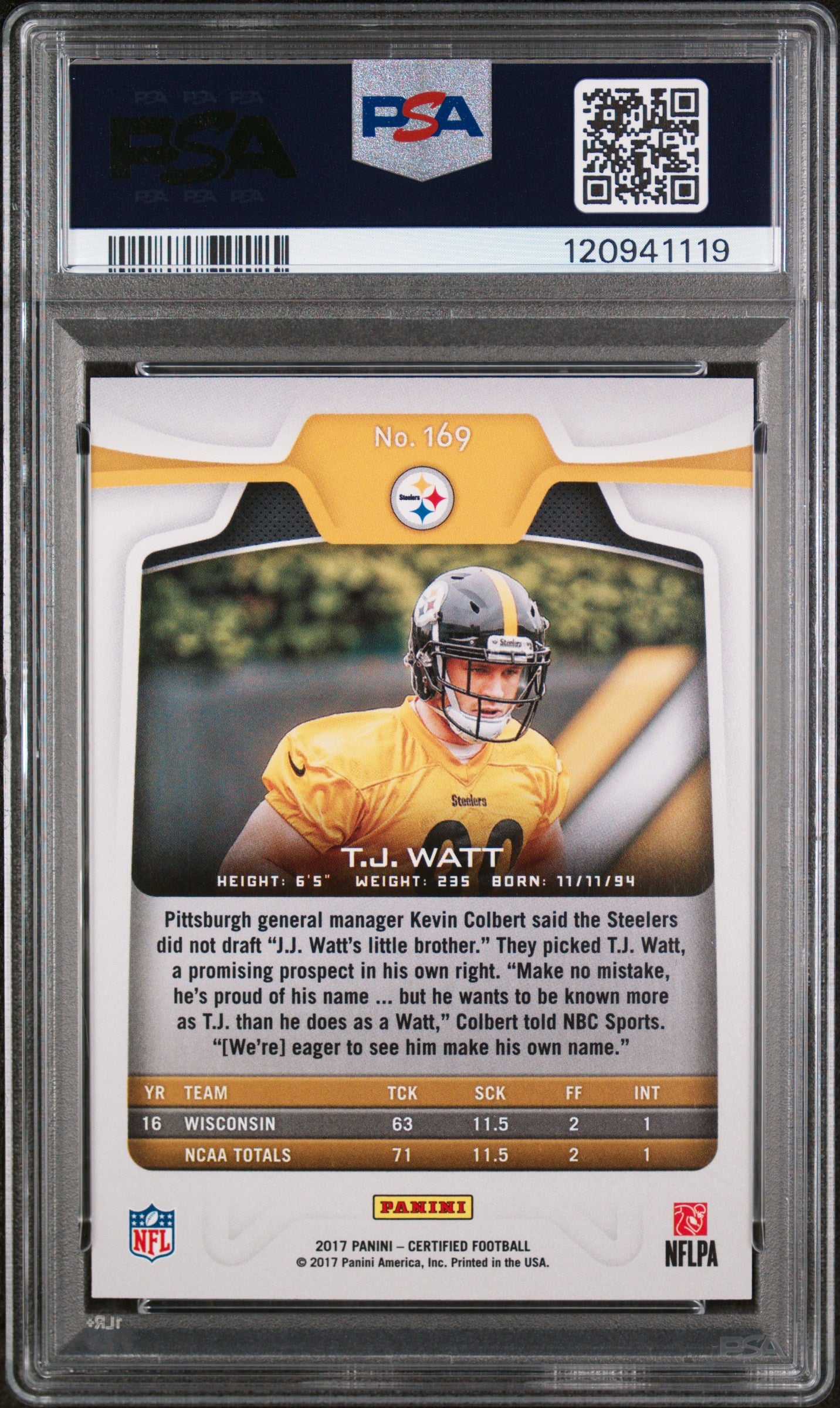 2017 Panini Certified Mirror Orange T.J. Watt #169 RC /199 PSA 10