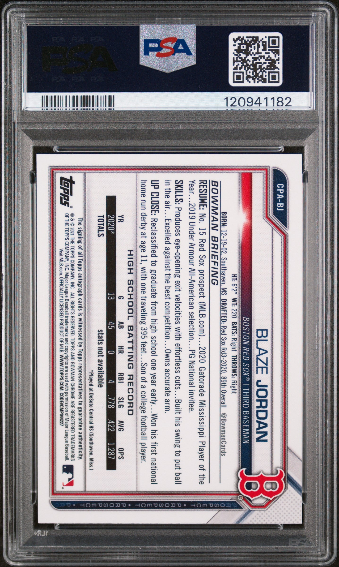 2021 Topps Bowman Chrome Speckle Refractor Blaze Jordan #CPA-BJ Auto /299 PSA 10