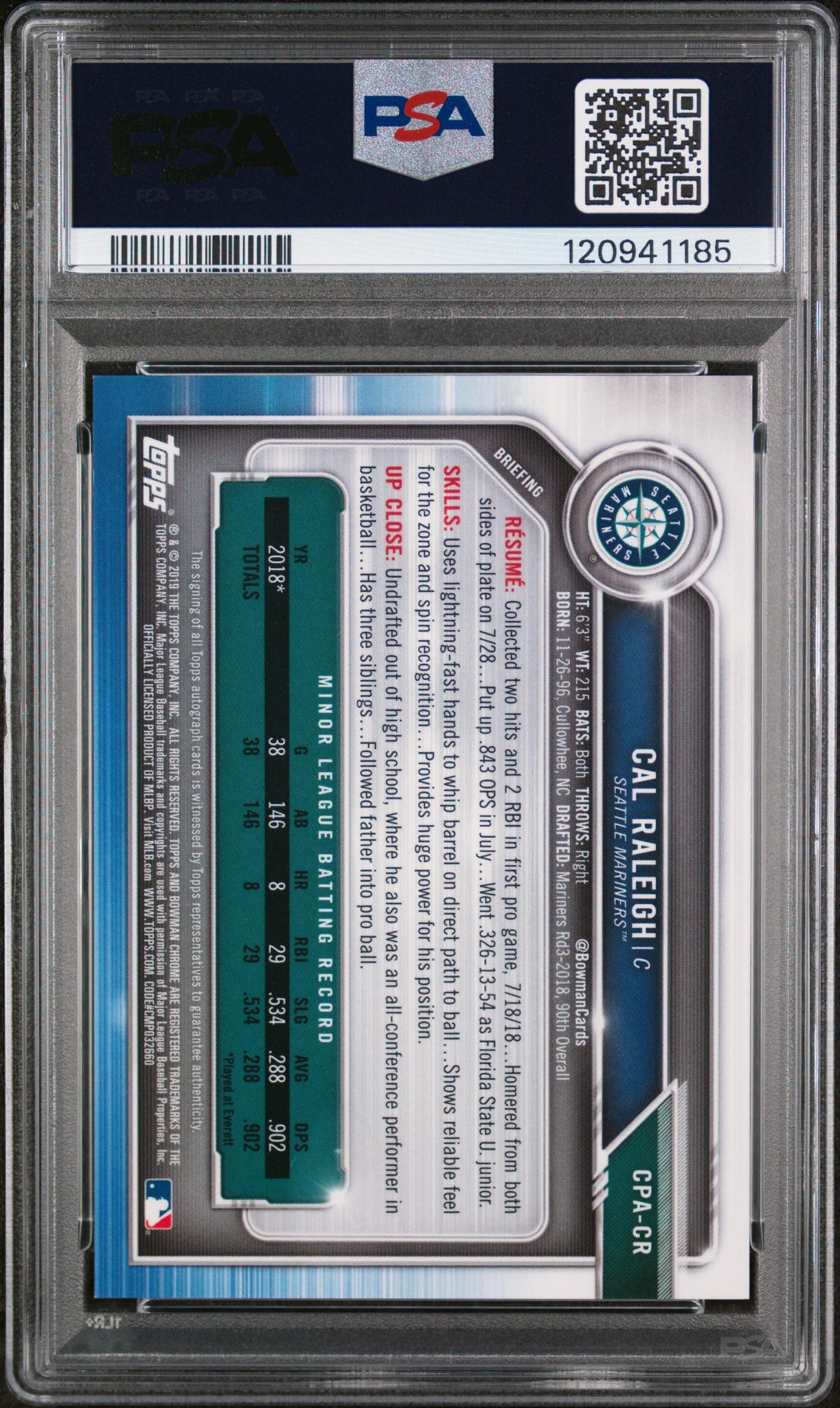2019 Bowman Chrome Prospects Autographs Cal Raleigh #CPA-CR Auto PSA 9