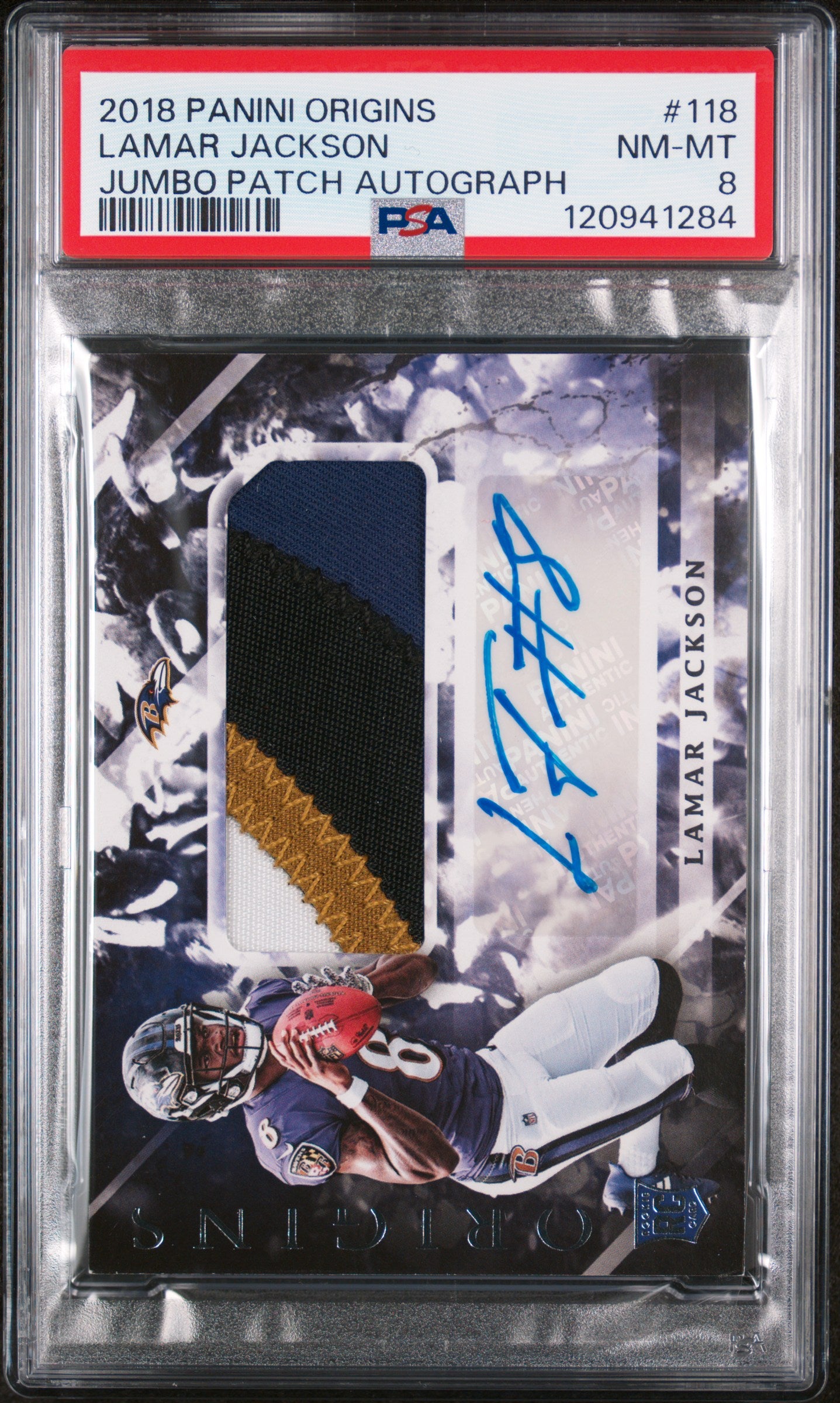 2018 Panini Origins Jumbo Patch Autograph Lamar Jackson #118 RC RPA PSA 8