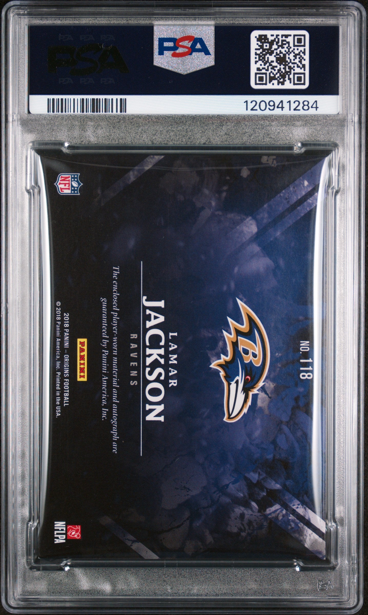 2018 Panini Origins Jumbo Patch Autograph Lamar Jackson #118 RC RPA PSA 8