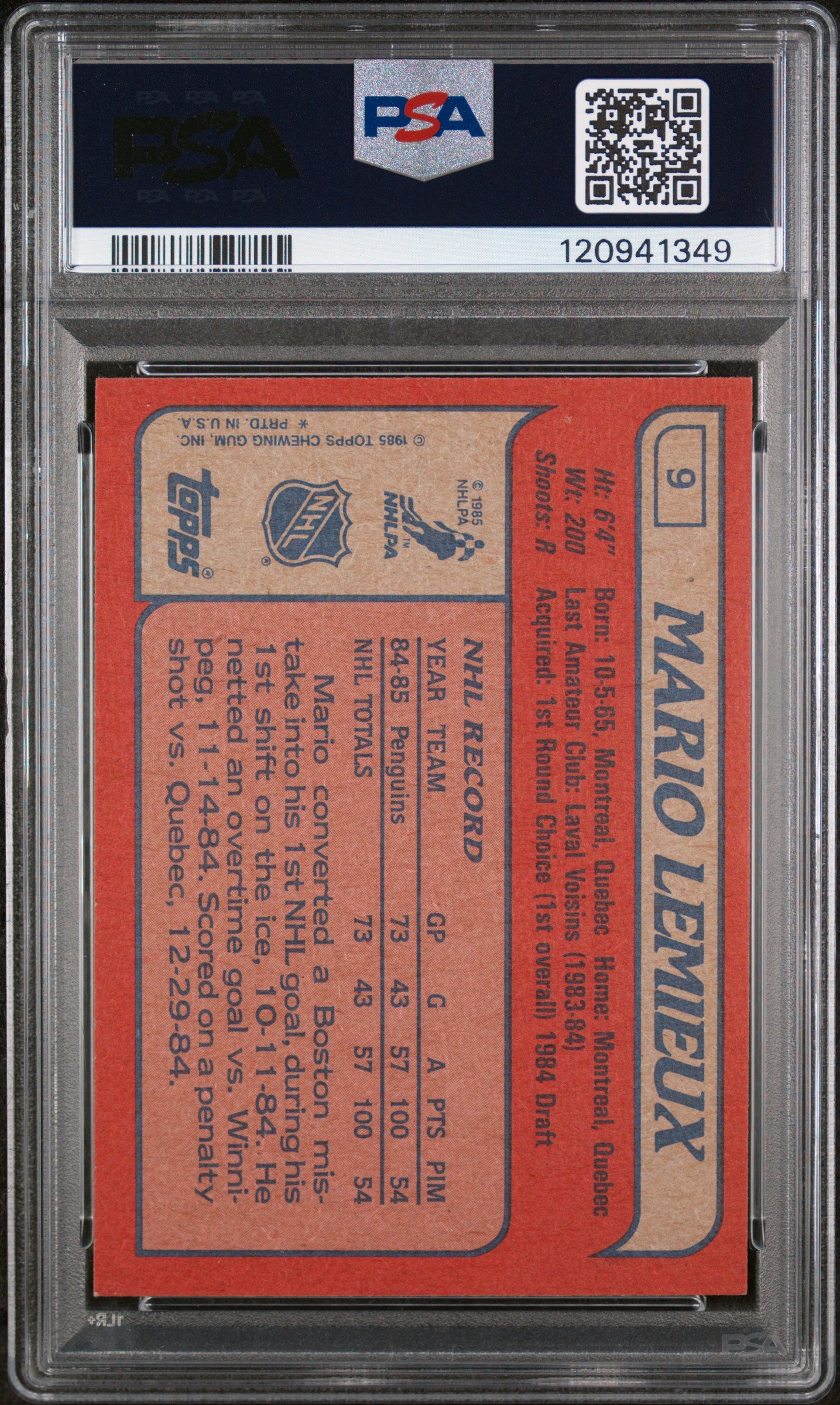 1985 Topps Mario Lemieux #9 RC PSA 5