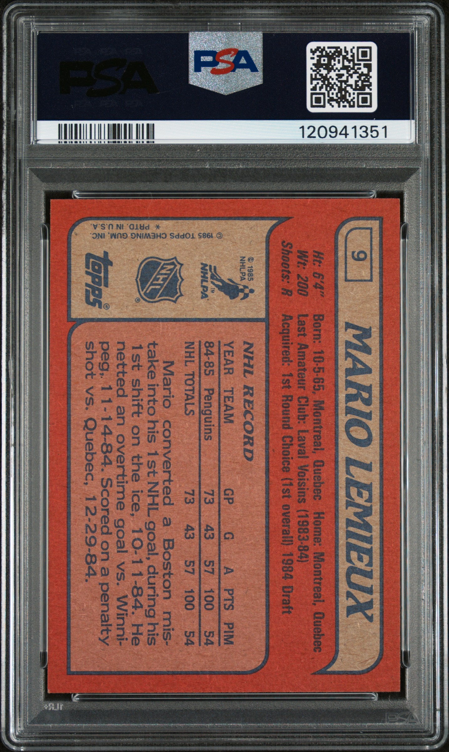 1985 Topps Mario Lemieux #9 RC PSA 8