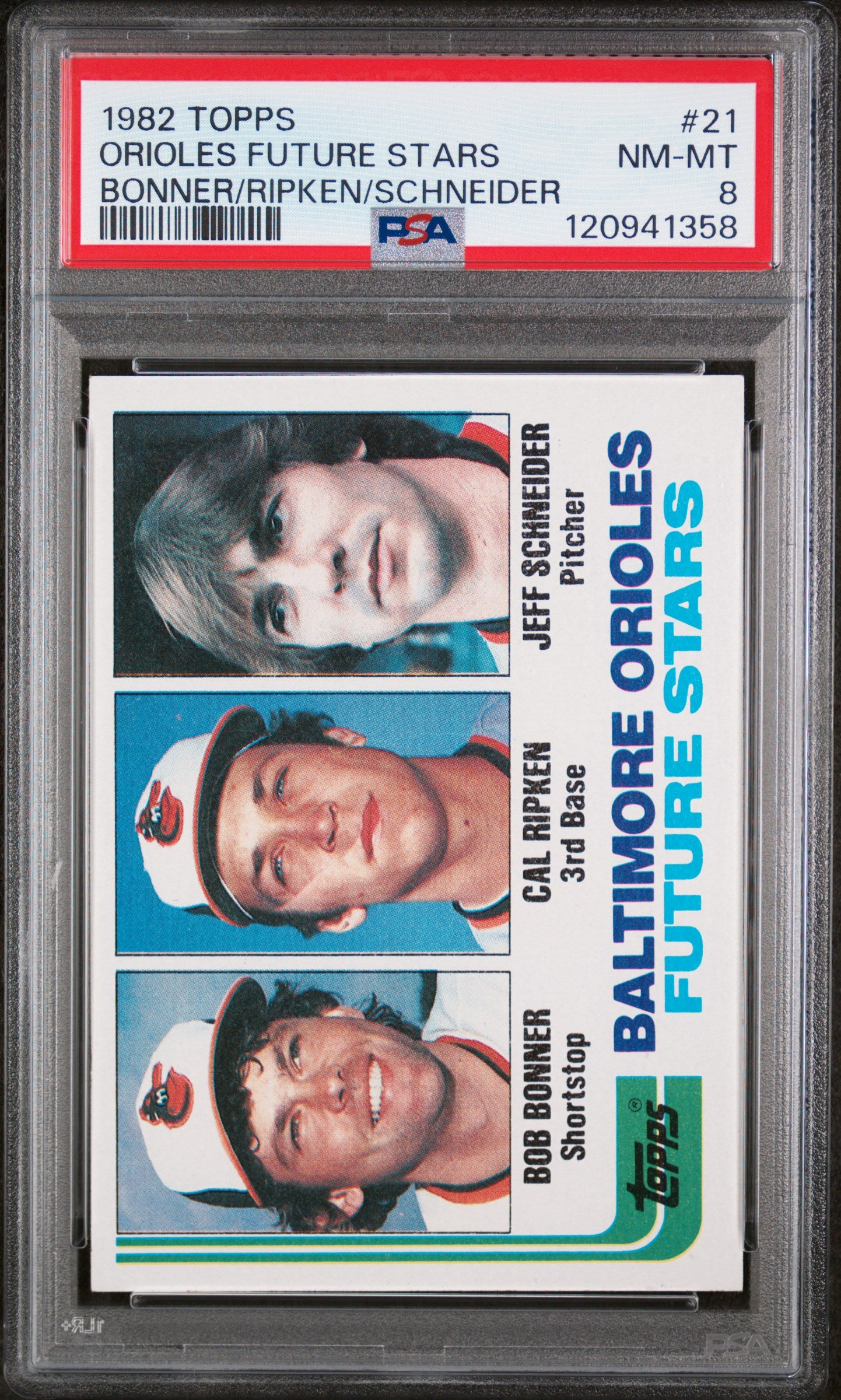 1982 Topps Orioles Future Stars Bob Bonner/Cal Ripken Jr./Jeff Schneider #21 PSA 8