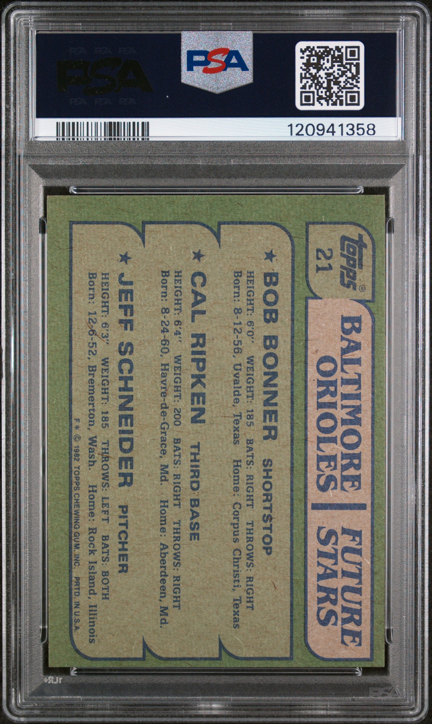 1982 Topps Orioles Future Stars Bob Bonner/Cal Ripken Jr./Jeff Schneider #21 PSA 8