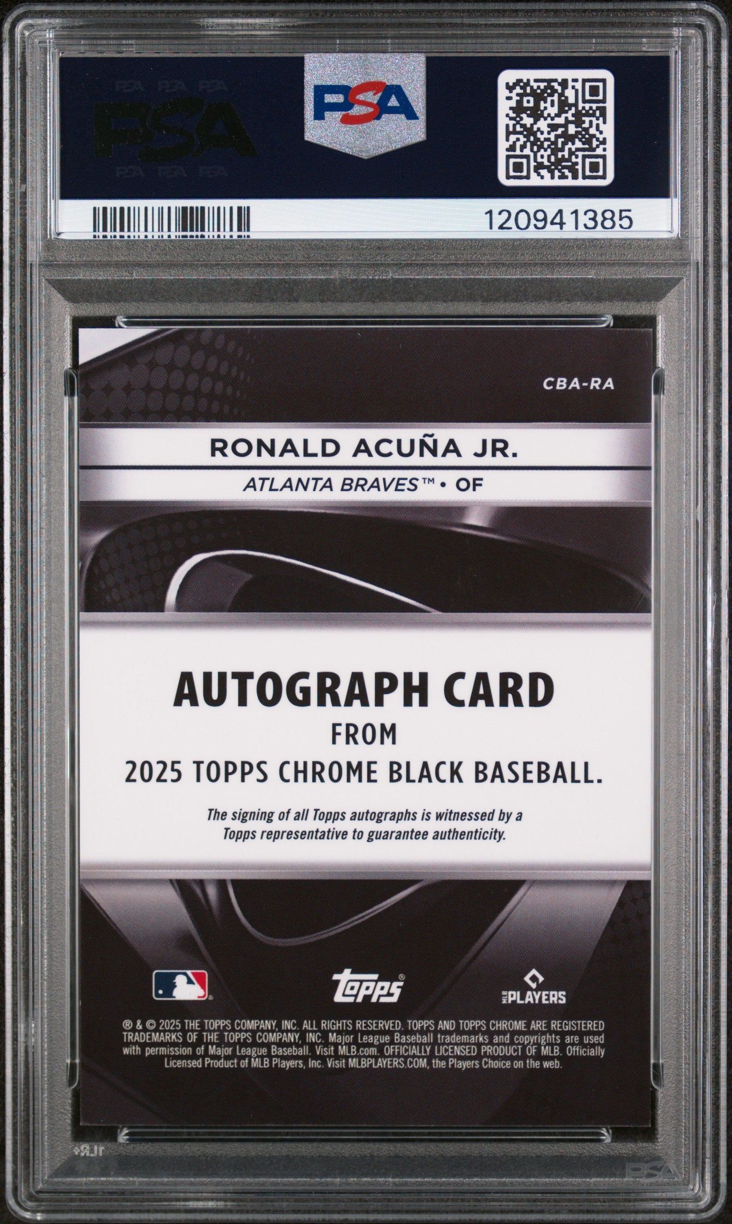 2025 Topps Chrome Black Autographs Orange Refractor Ronald Acuna Jr. #RA /25 PSA 10