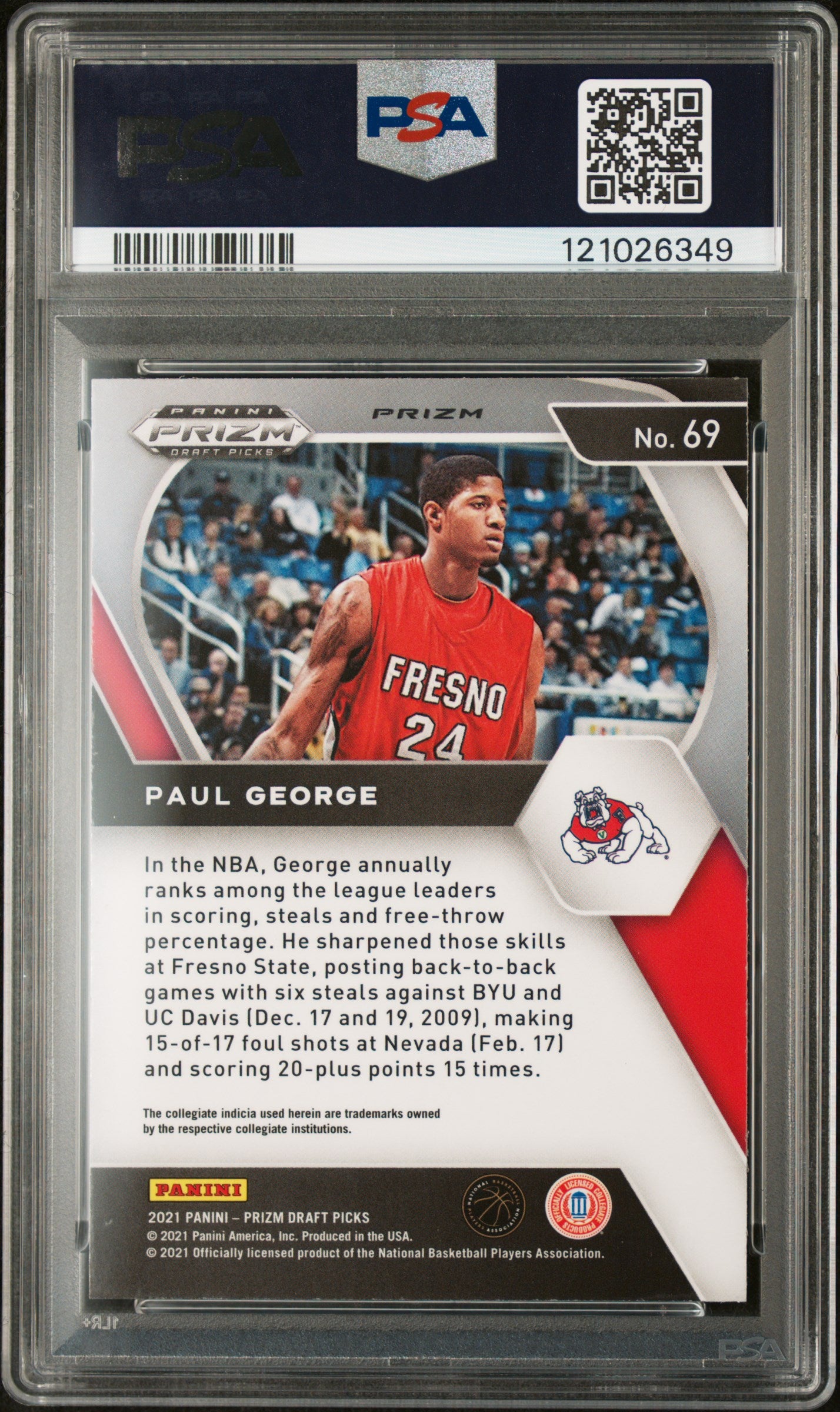 2021 Panini Prizm Draft Picks Purple Wave Prizm Paul George #69 PSA 10