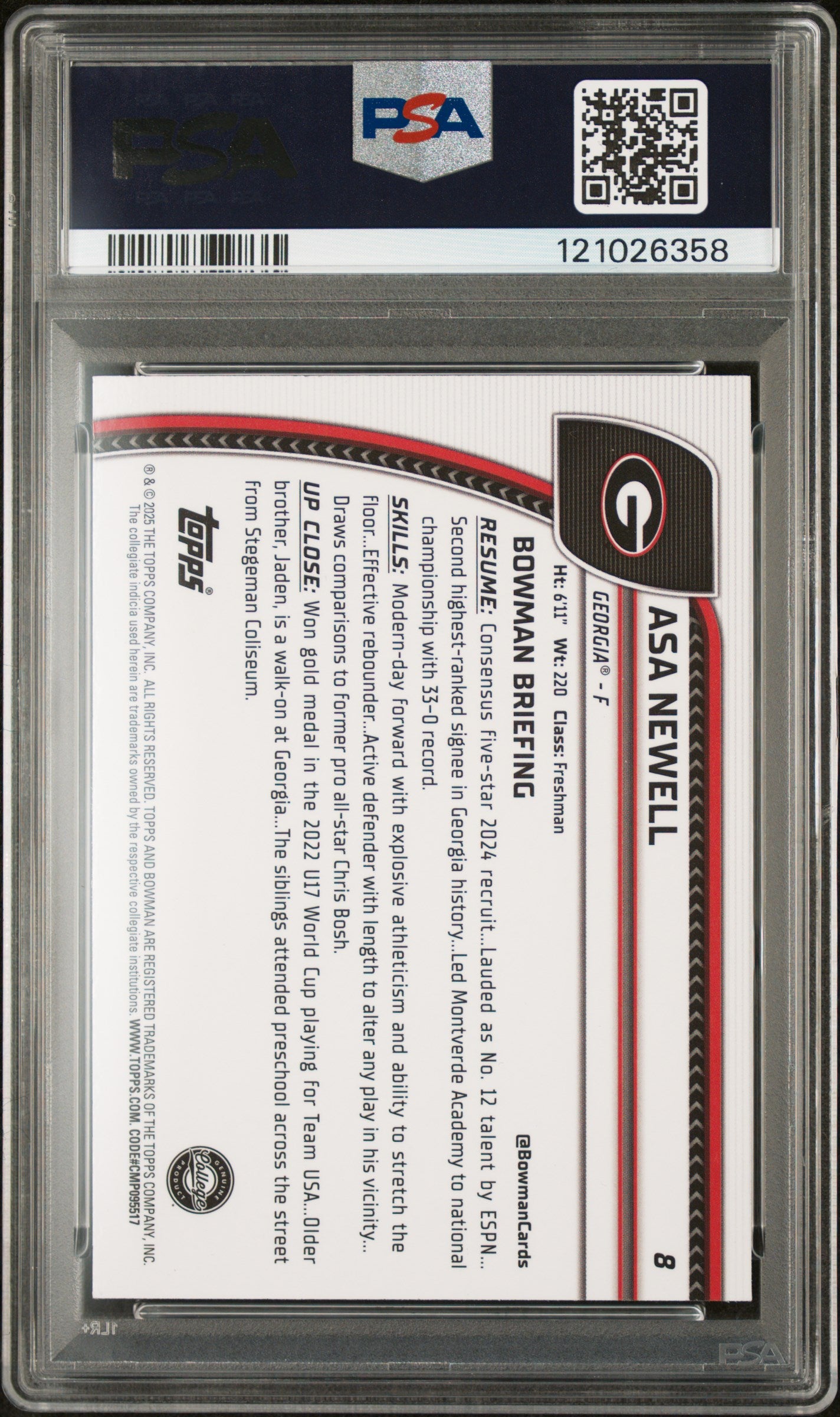2024 Topps Bowman Chrome U Black Wave Asa Newell #8 1st Bowman Refractor PSA 10