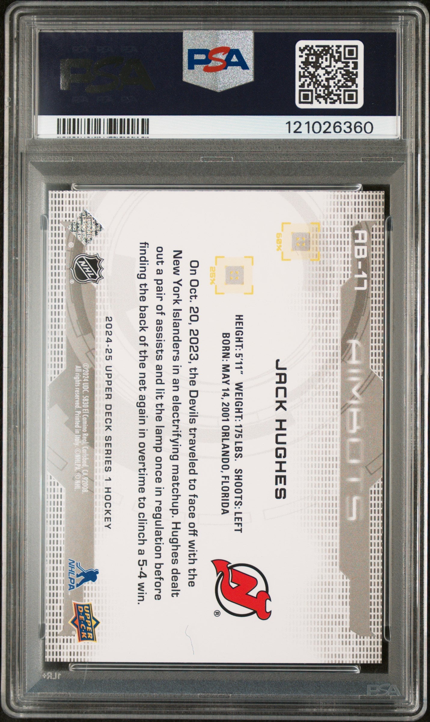 2024 Upper Deck Series 1 Aimbots Aimbot-Speckle Jack Hughes #AB-17 PSA 10