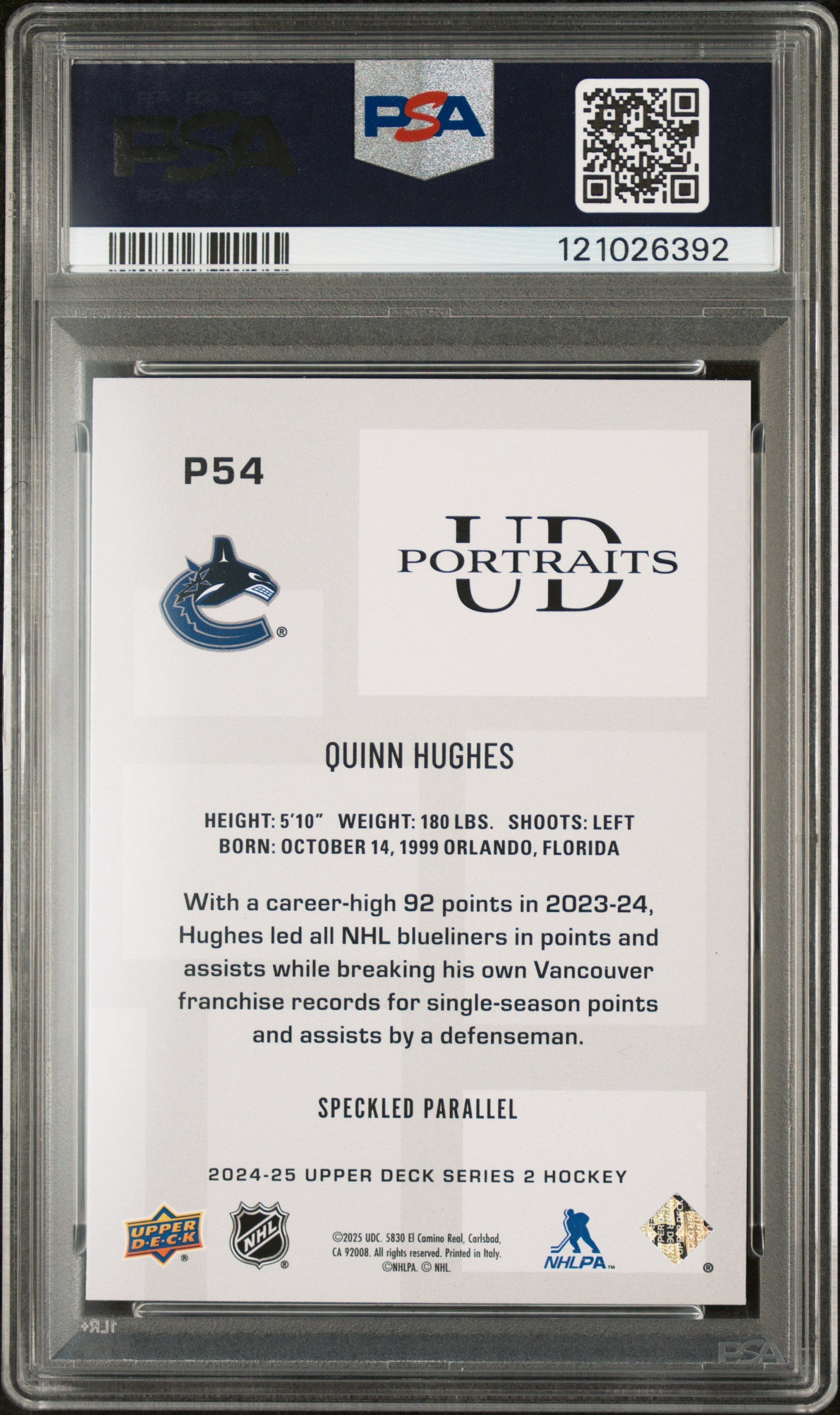 2024 Upper Deck Series 2 UD Portraits Speckle Quinn Hughes #P54 PSA 10