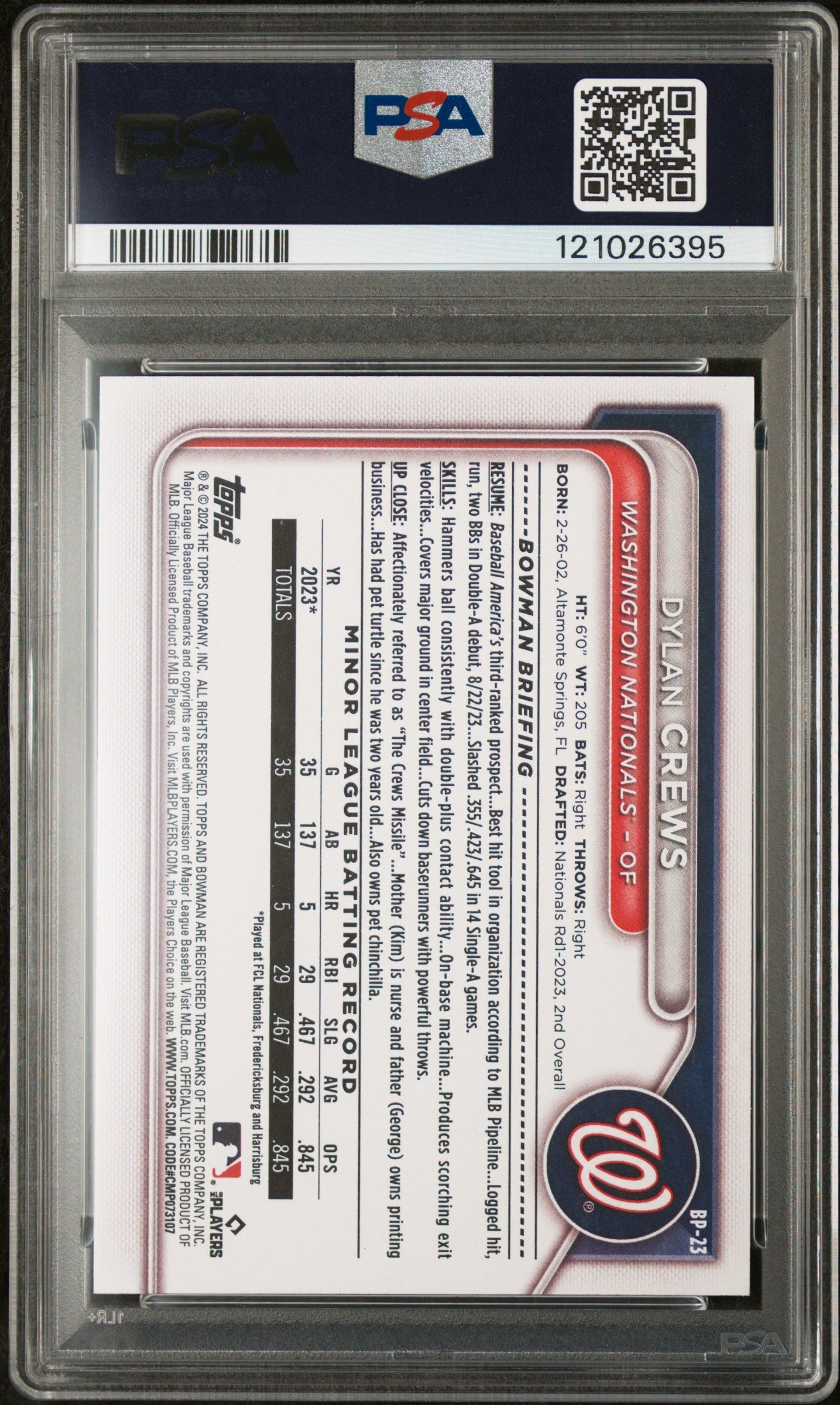 2024 Topps Bowman Paper Prospects Dylan Crews #BP23 1st Bowman PSA 10