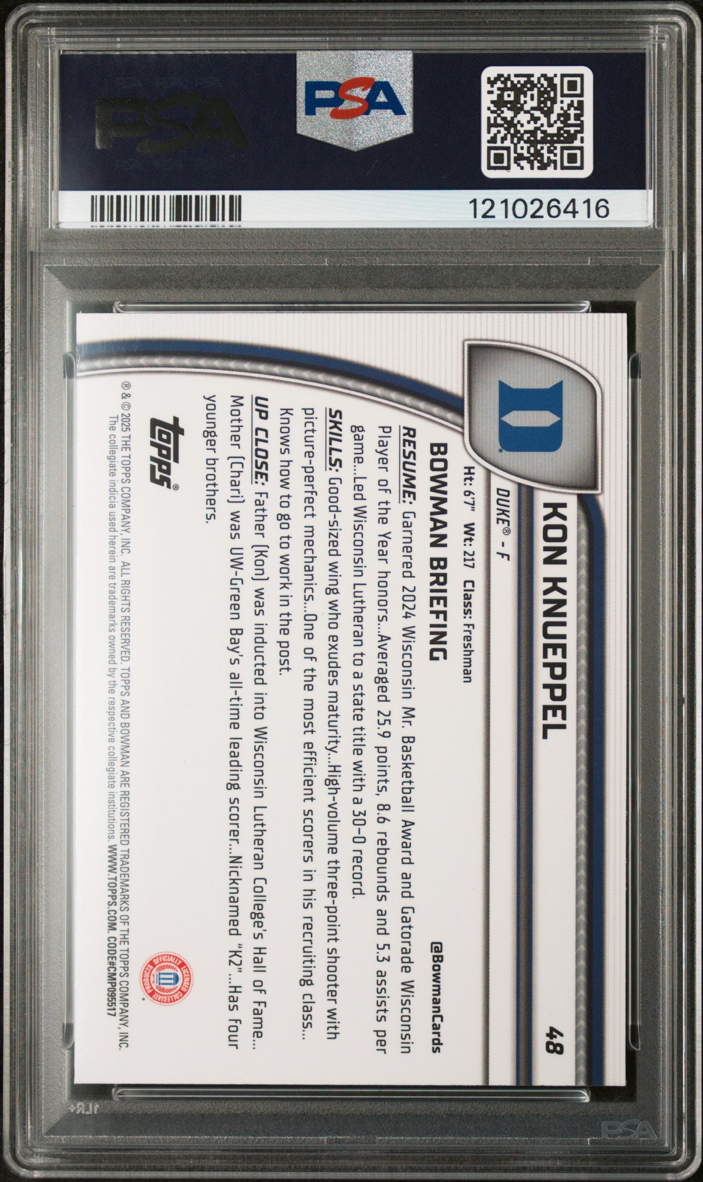 2024 Bowman Chrome U Green Shimmer Kon Knueppel #48 1st Bowman PSA 10
