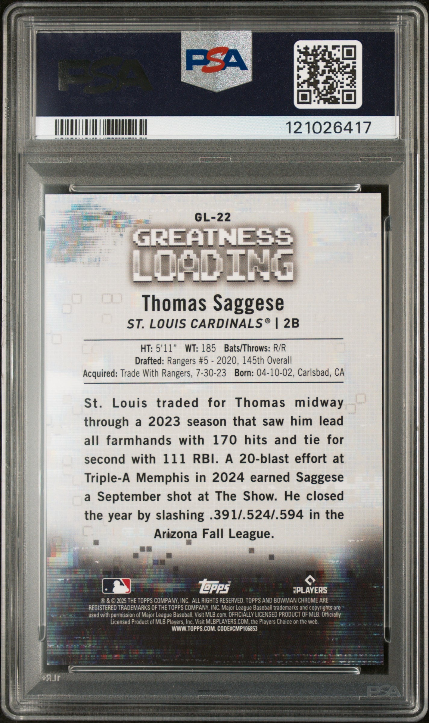2025 Bowman #GL22 Thomas Saggese Greatness Loading /99 PSA 9