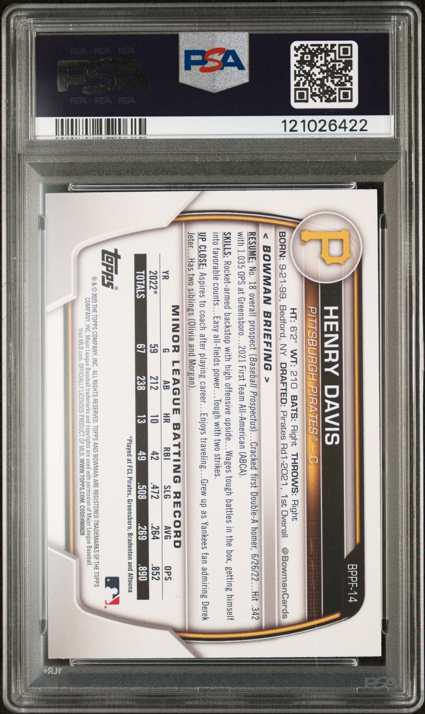 2023 Topps Bowman 1st Edition Gold Foil Henry Davis #BPPF14 /50 PSA 9