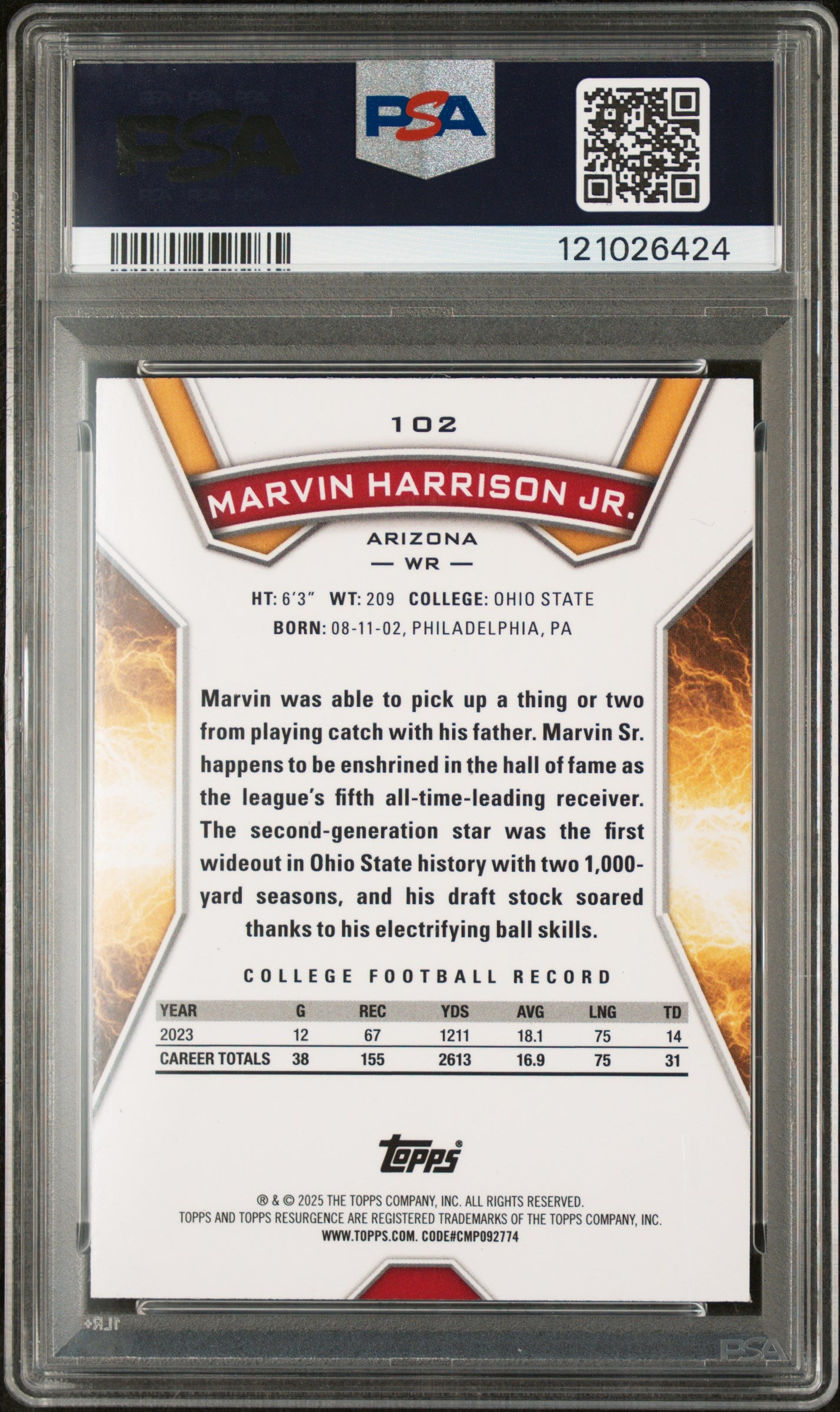 2024 Topps Resurgence White Surge Marvin Harrison Jr. #102 RC /125 PSA 10