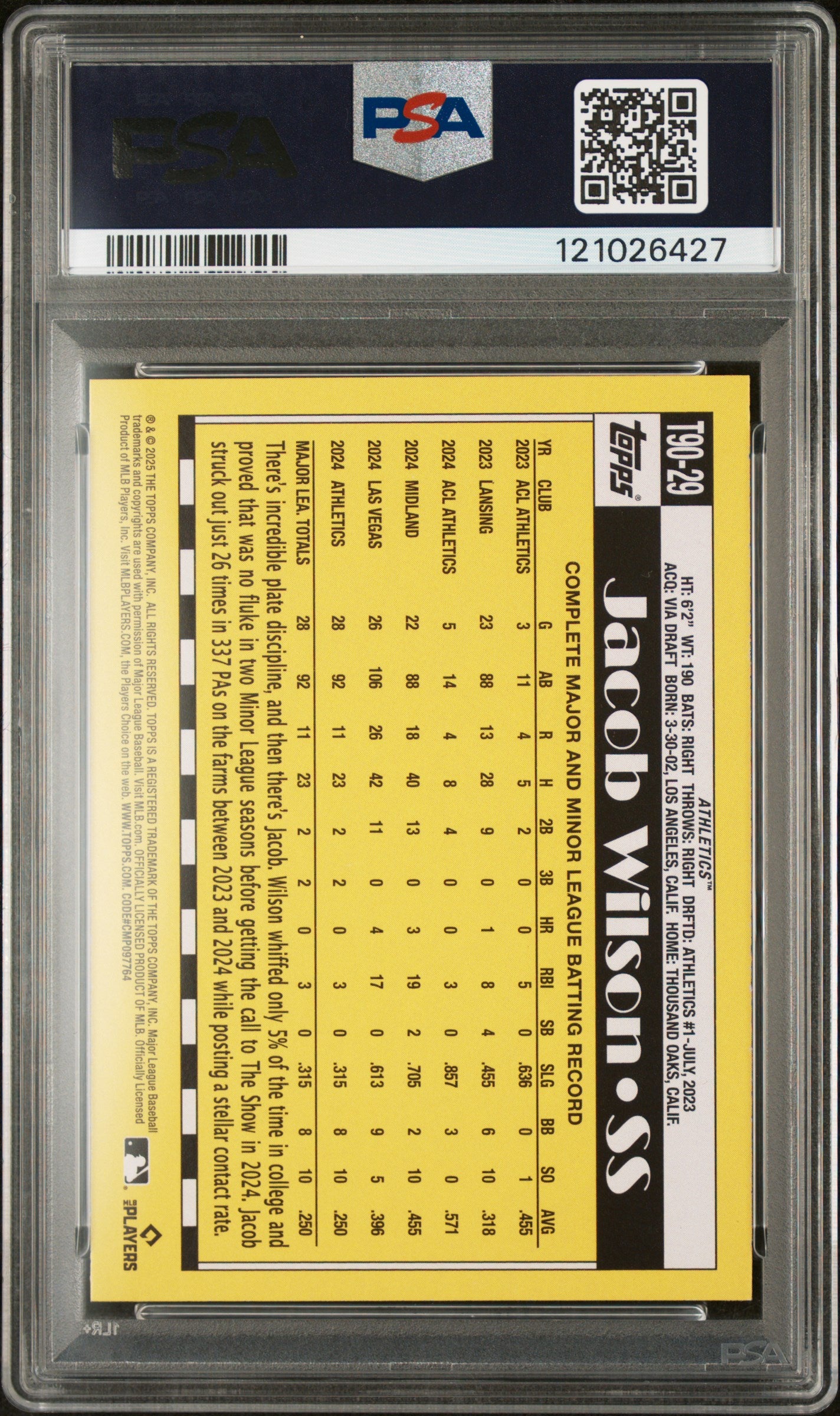 2025 Topps 1990 Topps Jacob Wilson #1990-29 RC PSA 9