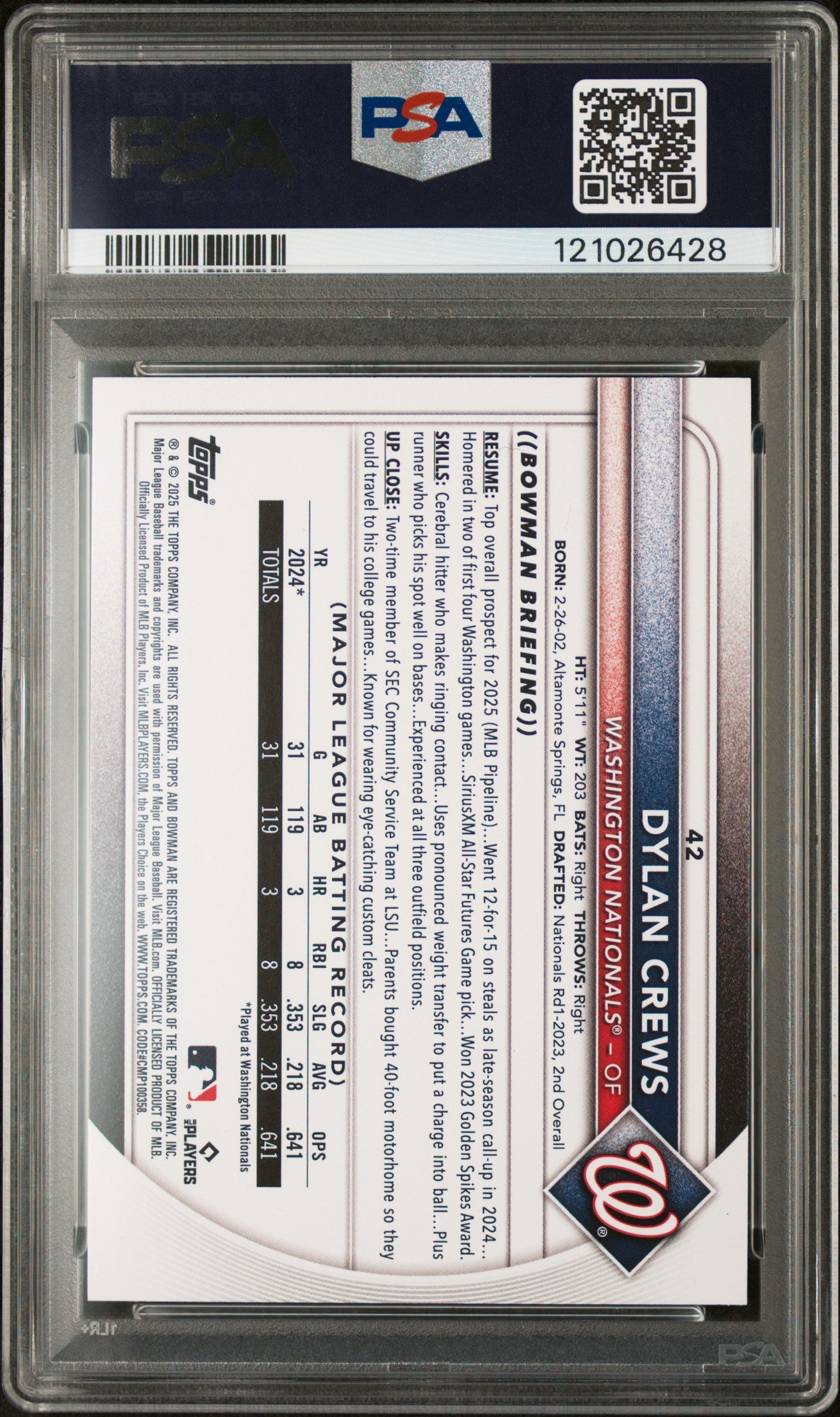 2025 Topps Bowman Dylan Crews #42 RC PSA 10
