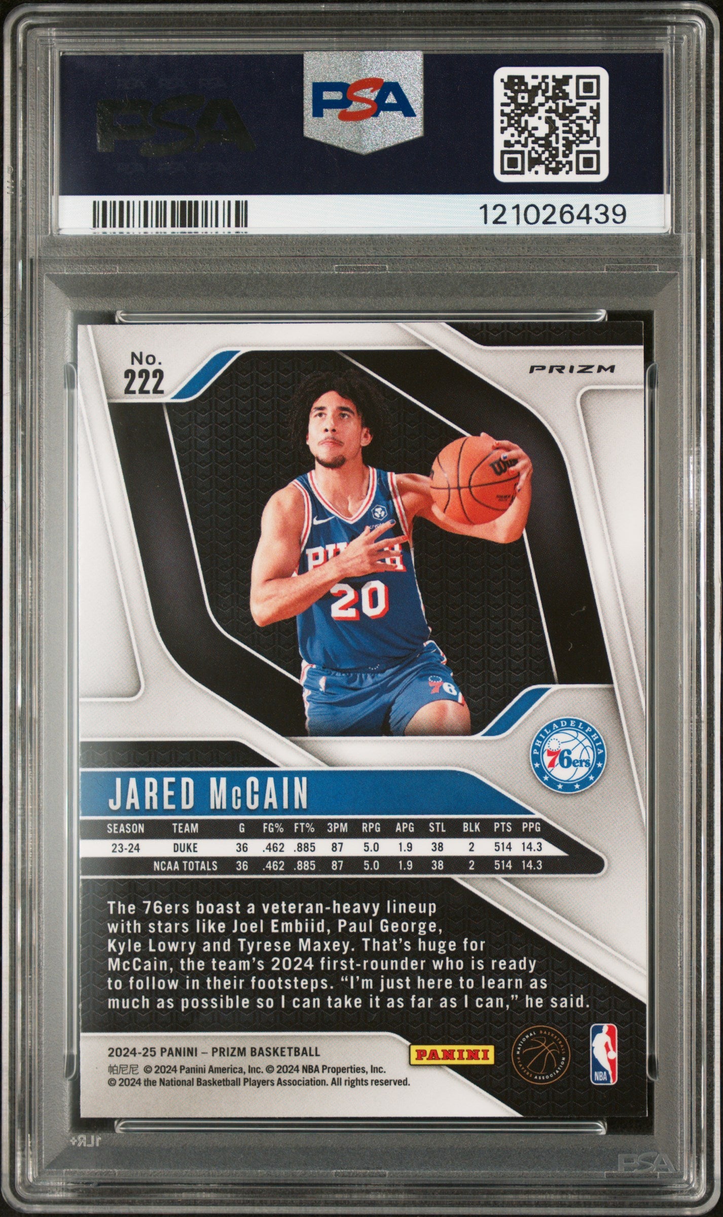 2024 Panini Prizm Pink Ice Jared McCain #222 RC PSA 10