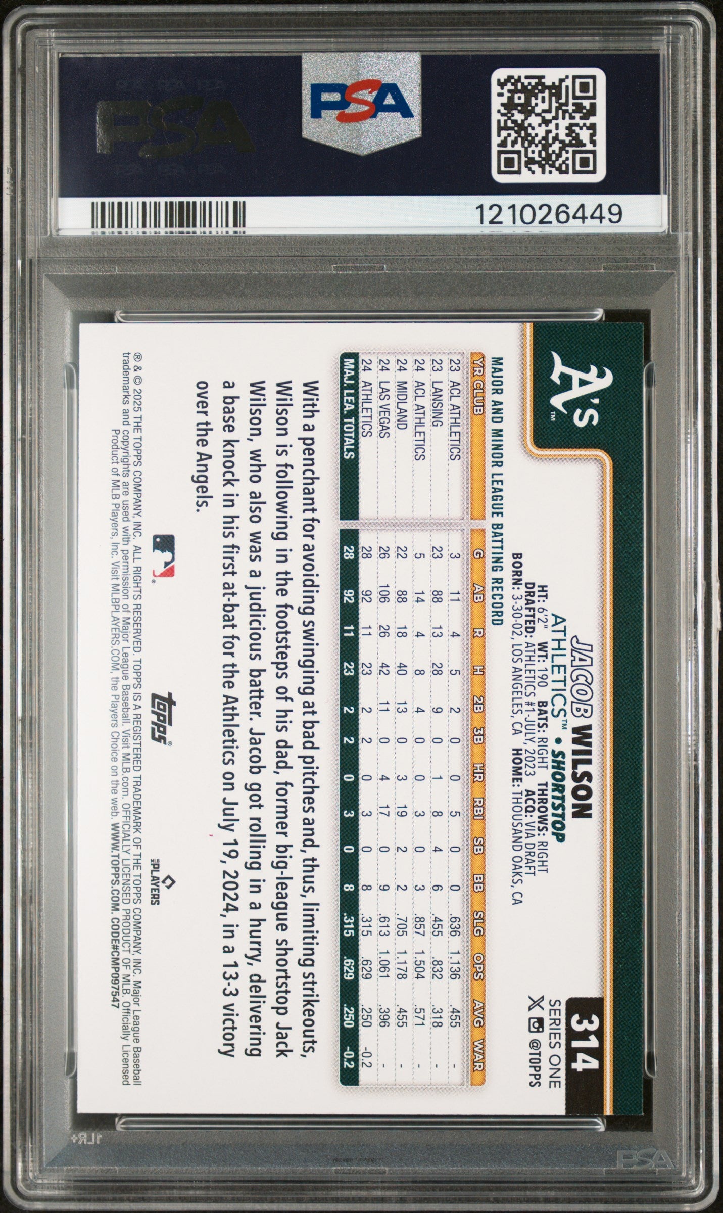 2025 Topps Celebration Confetti Jacob Wilson #314 RC PSA 9