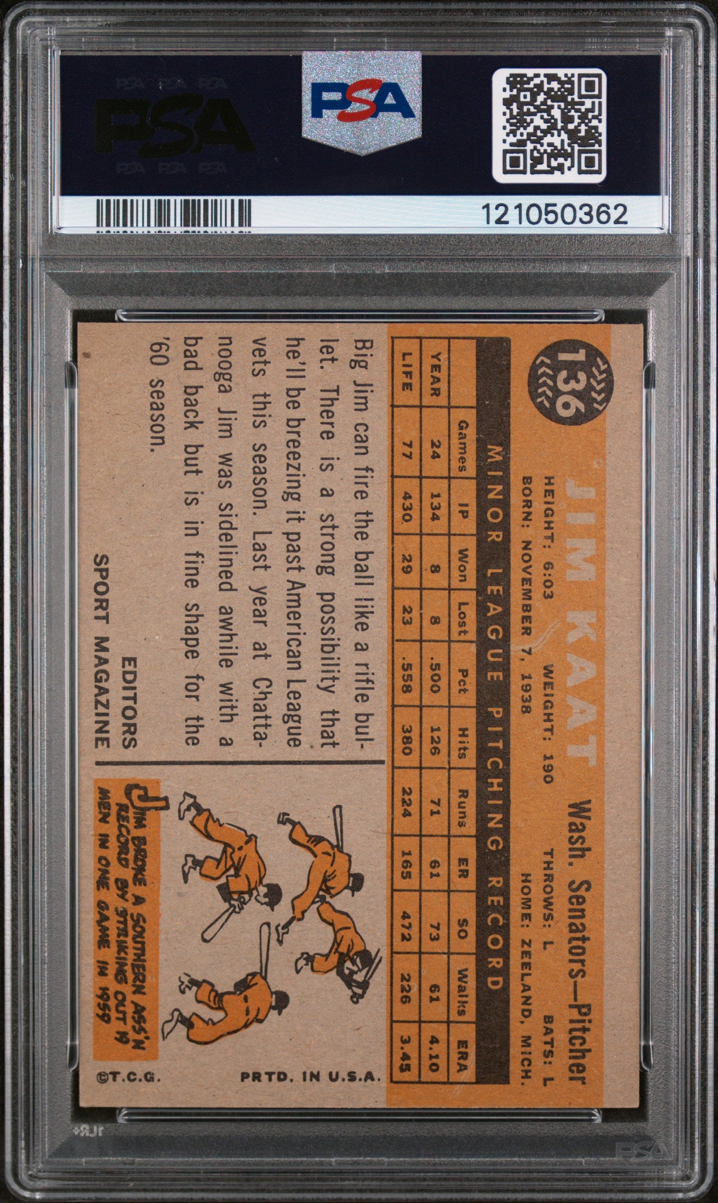 1960 Topps Baseball Sport Magazine Rookie Star Jim Kaat #136 RC PSA 6
