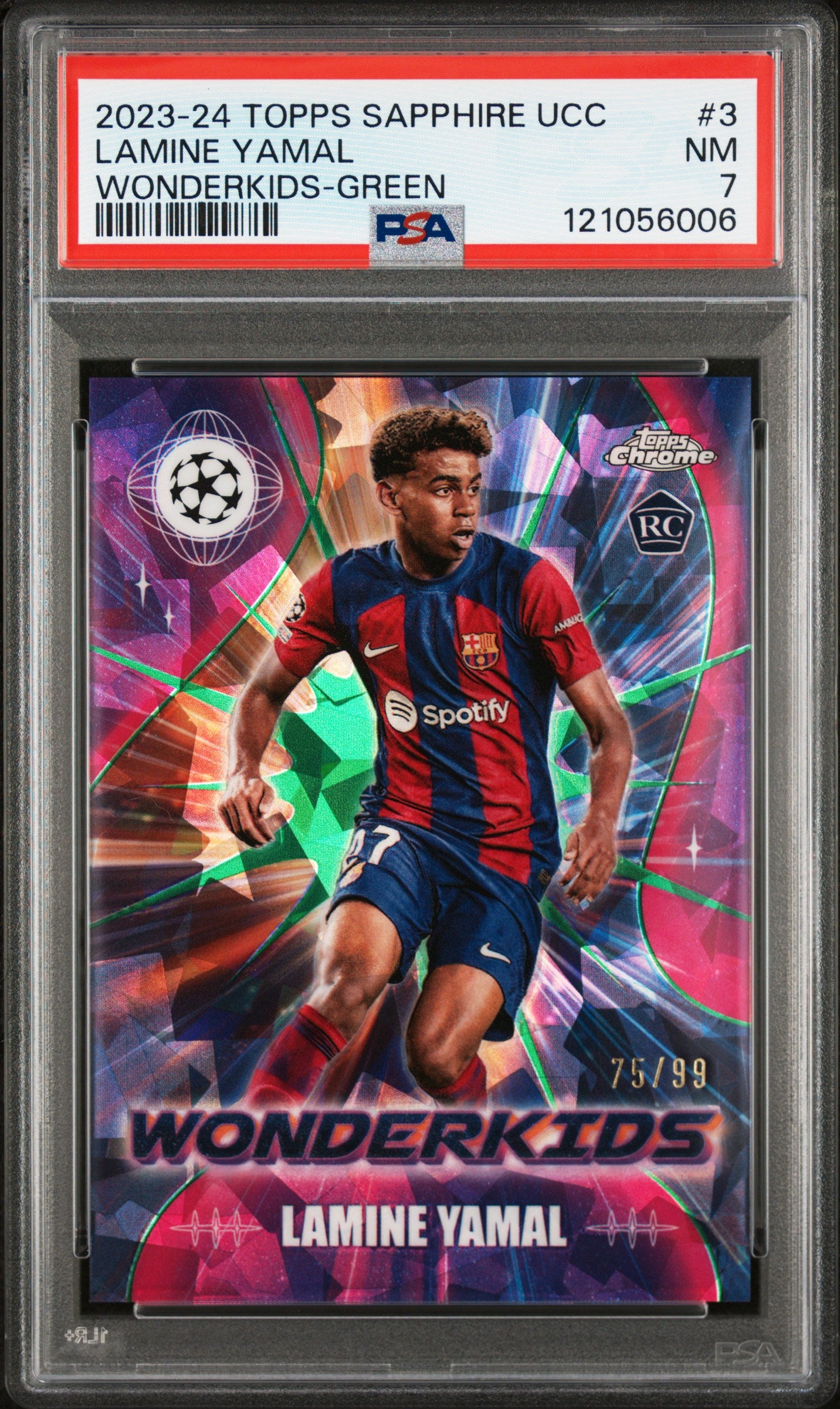 2023 Topps Chrome Sapphire Edition UEFA Club Competitions Wonderkids Sapphire Wonderkids-Green Lamine Yamal #3 /99 PSA 7