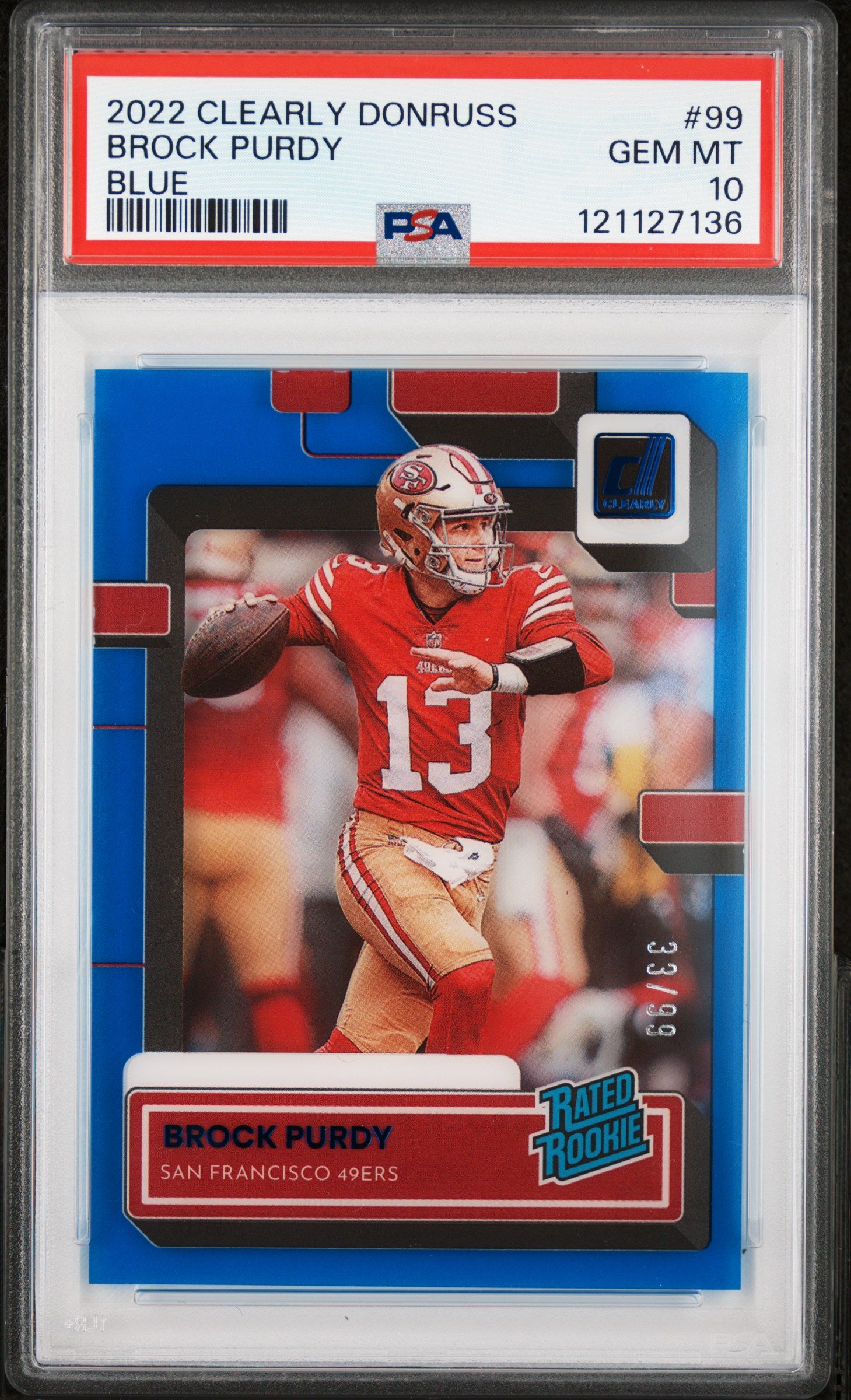 2022 Panini Clearly Donruss Blue Brock Purdy #99 RC /99 PSA 10