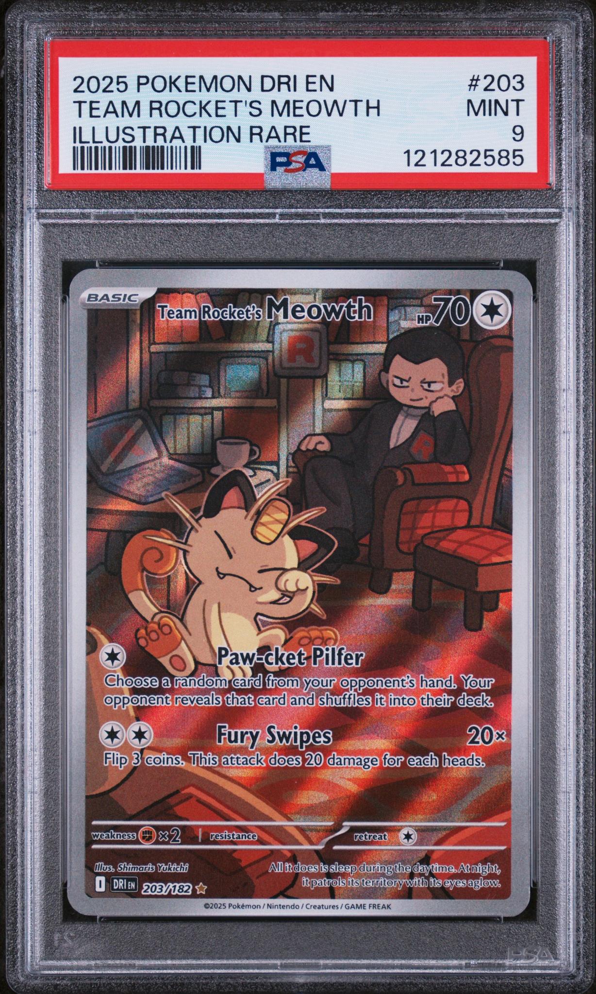 2025 Pokemon #203/182 Team Rocket's Meowth PSA 9