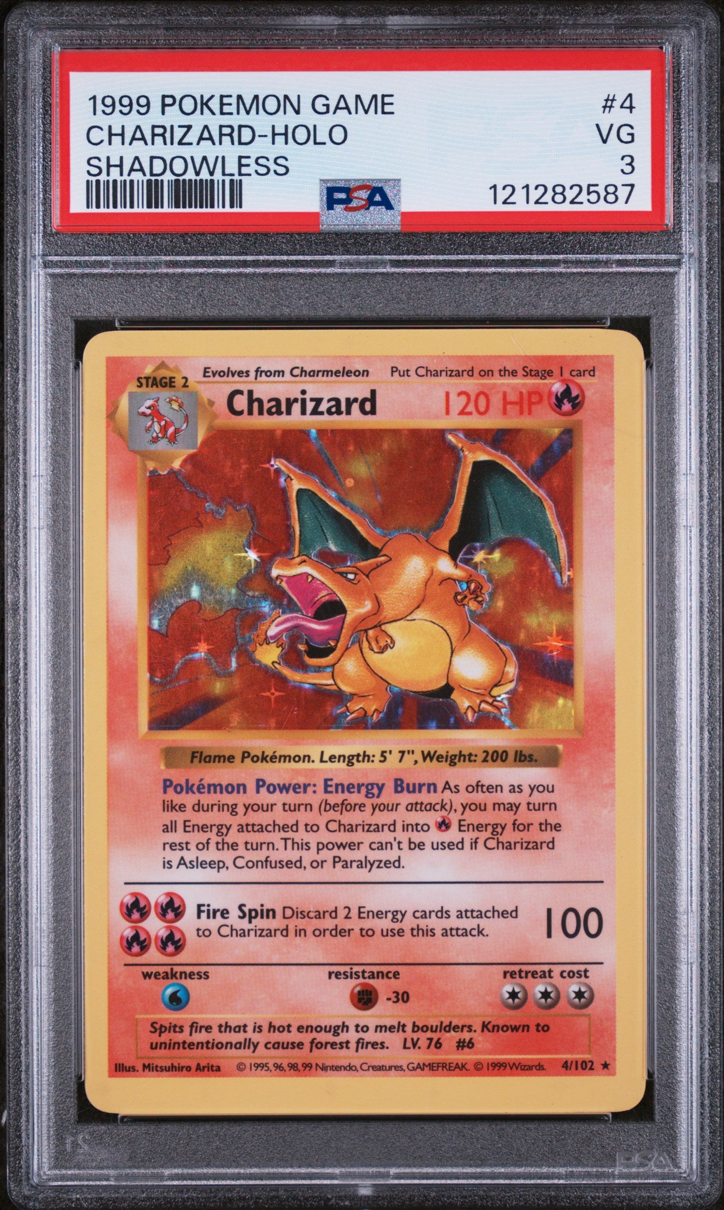 1999 Pokémon Base Set Shadowless Charizard #4/102 Holo PSA 3