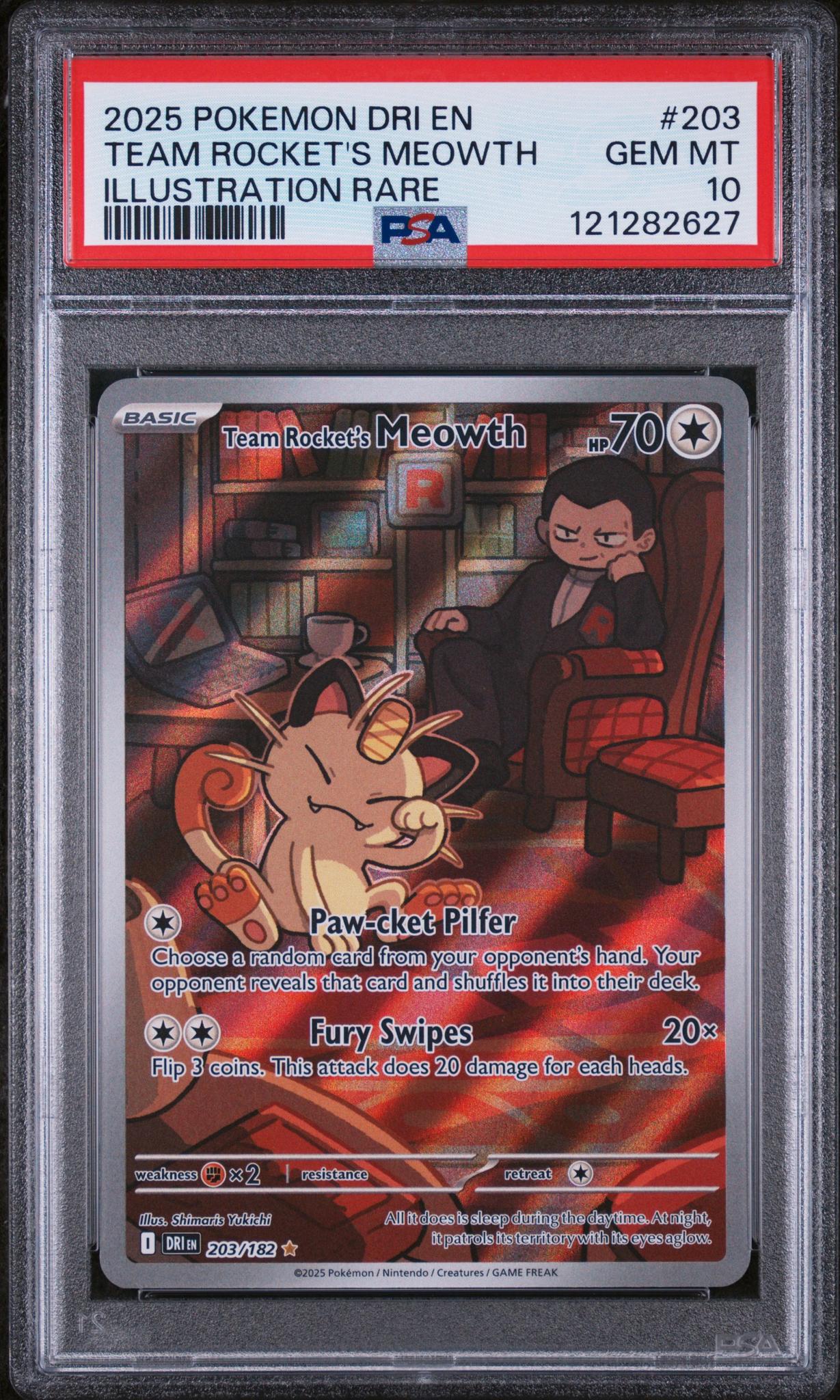 2025 Pokemon #203/182 Team Rocket's Meowth Illustration Rare PSA 10