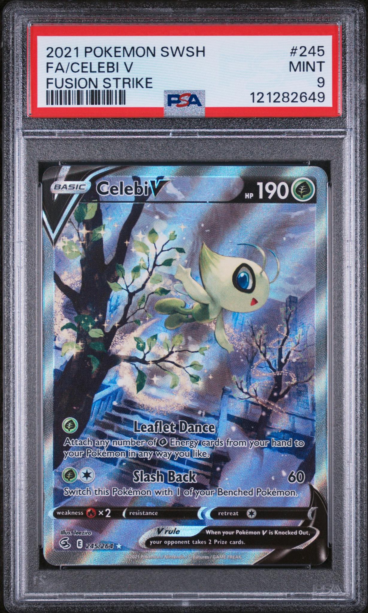 2021 Pokémon Sword & Shield Fusion Strike Full Art Celebi #245/264 V PSA 9