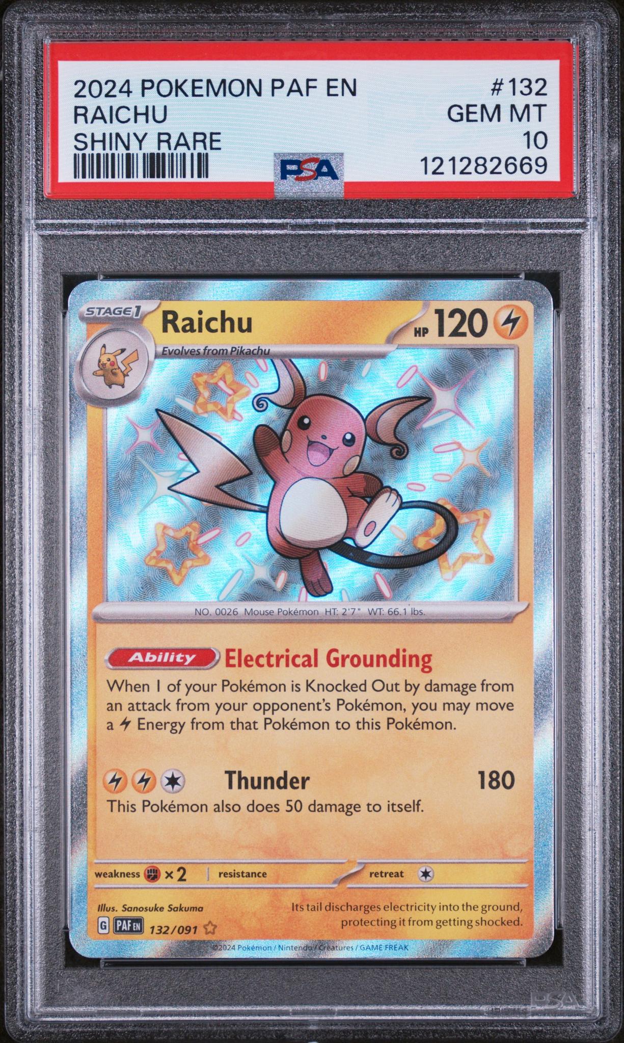 2024 Pokémon Scarlet & Violet Paldean Fates Shiny Rare Raichu #132/091 PSA 10