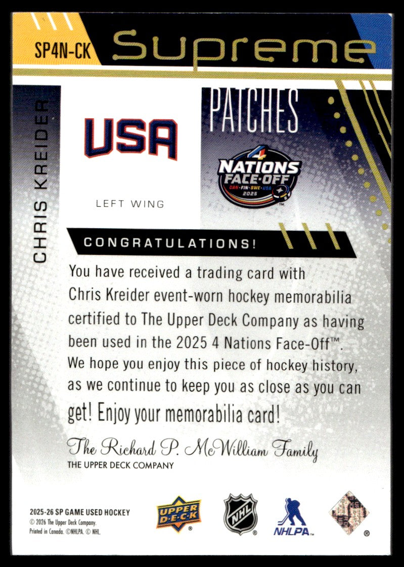 2025 SP Game Used 4 Nations Face-Off Chris Kreider Patch /15