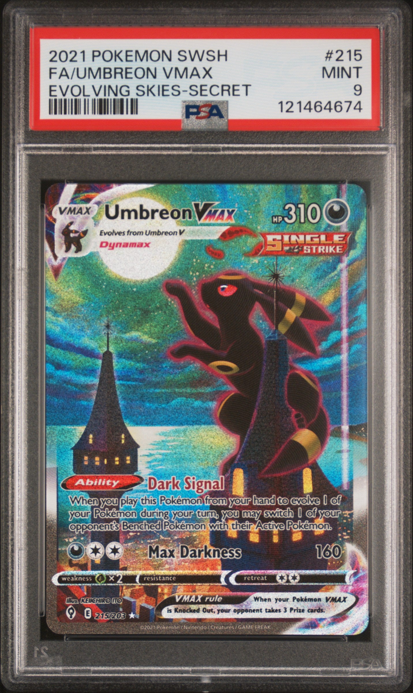 2021 SWSH #215 Umbreon VMAX Evolving Skies-Secret /203 PSA 9