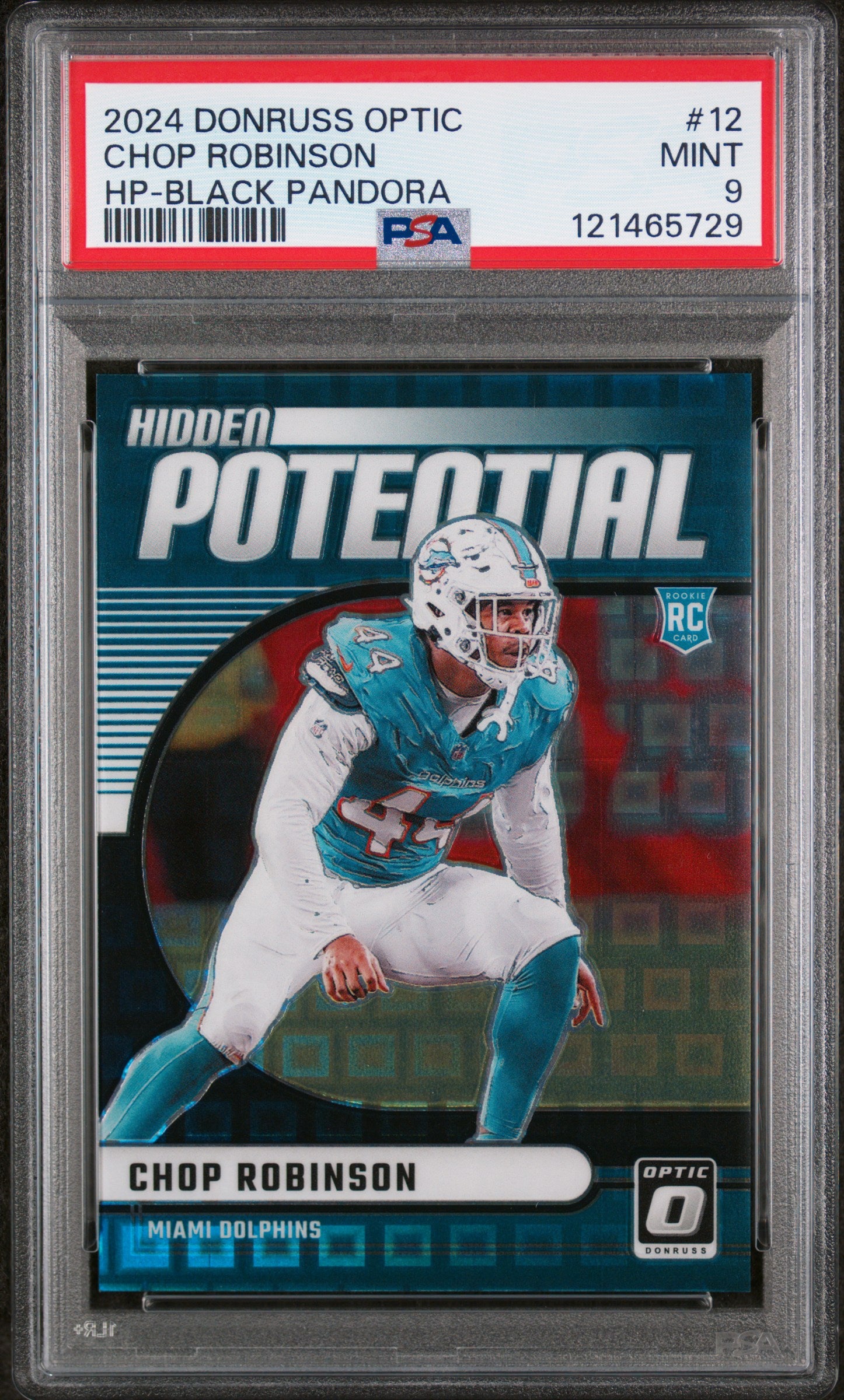2024 Panini Optic Hidden Potential Black Pandora Chop Robinson #12 RC /25 PSA 9
