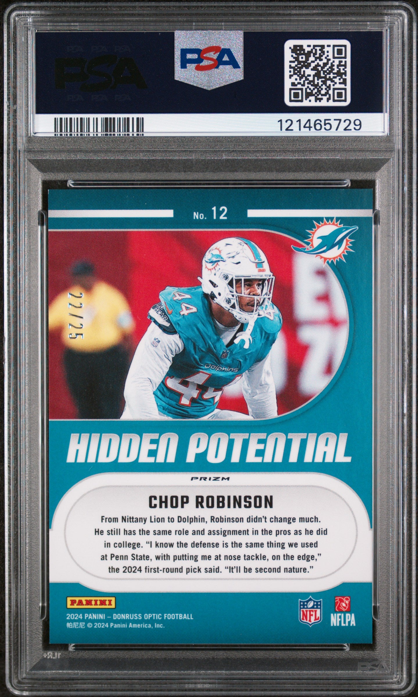 2024 Panini Optic Hidden Potential Black Pandora Chop Robinson #12 RC /25 PSA 9