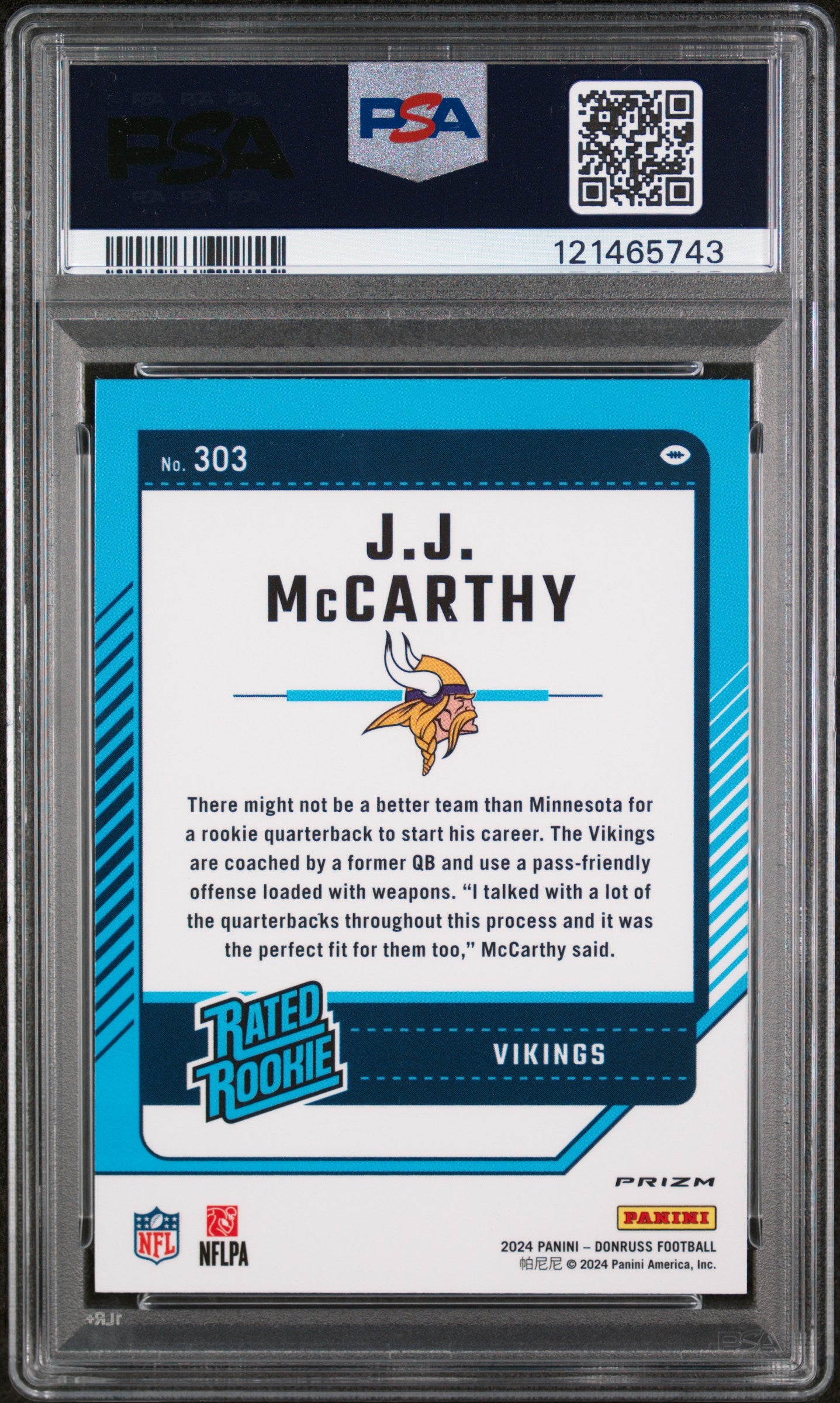 2024 Donruss Optic Rated Rookie Preview Pink JJ Mccarthy #303 PSA 9