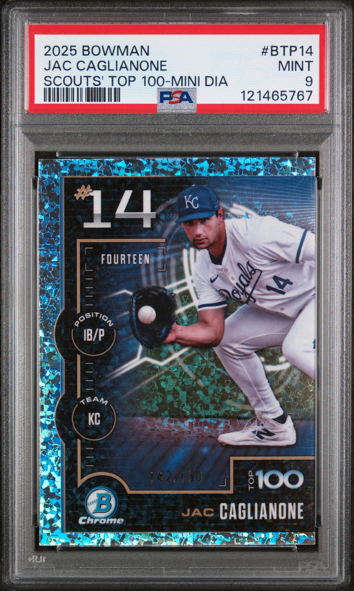 2025 Bowman Chrome Scouts Top 100 Mini Diamond Jac Caglianone #BTP-14 /150 PSA 9