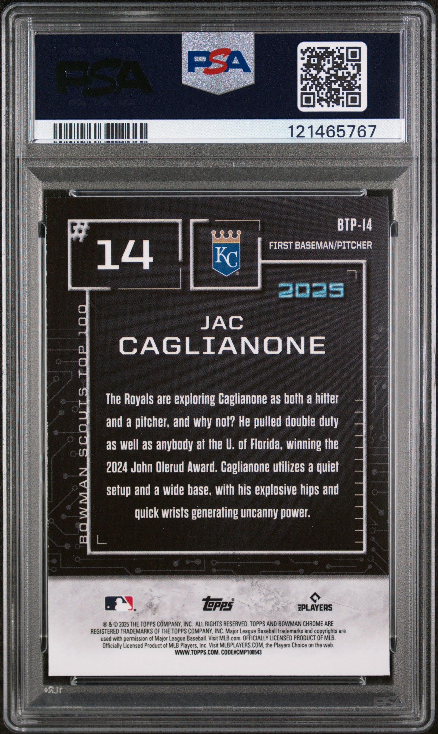 2025 Bowman Chrome Scouts Top 100 Mini Diamond Jac Caglianone #BTP-14 /150 PSA 9
