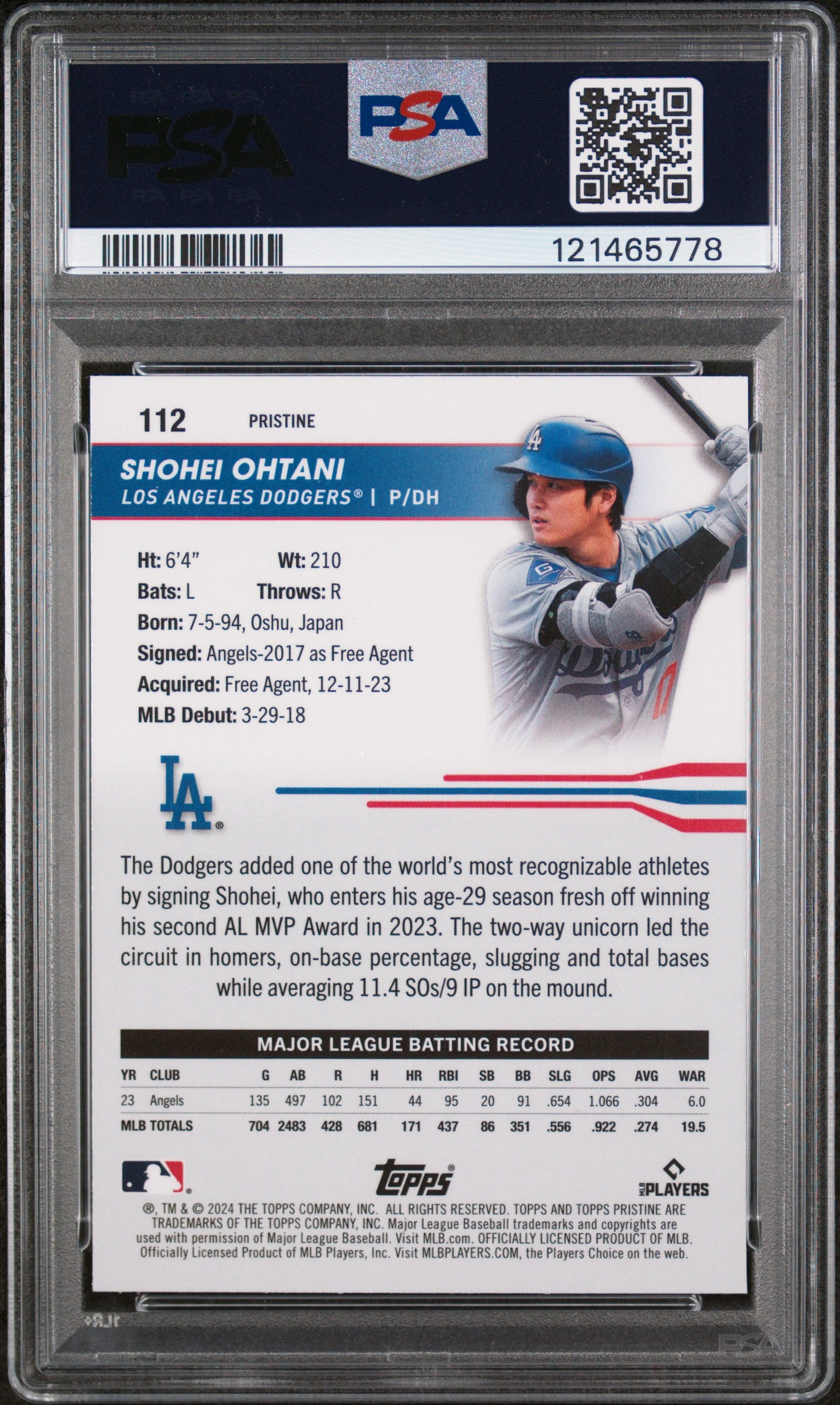 2024 Topps Pristine Pristine Blue Shohei Ohtani #112 /75 PSA 10