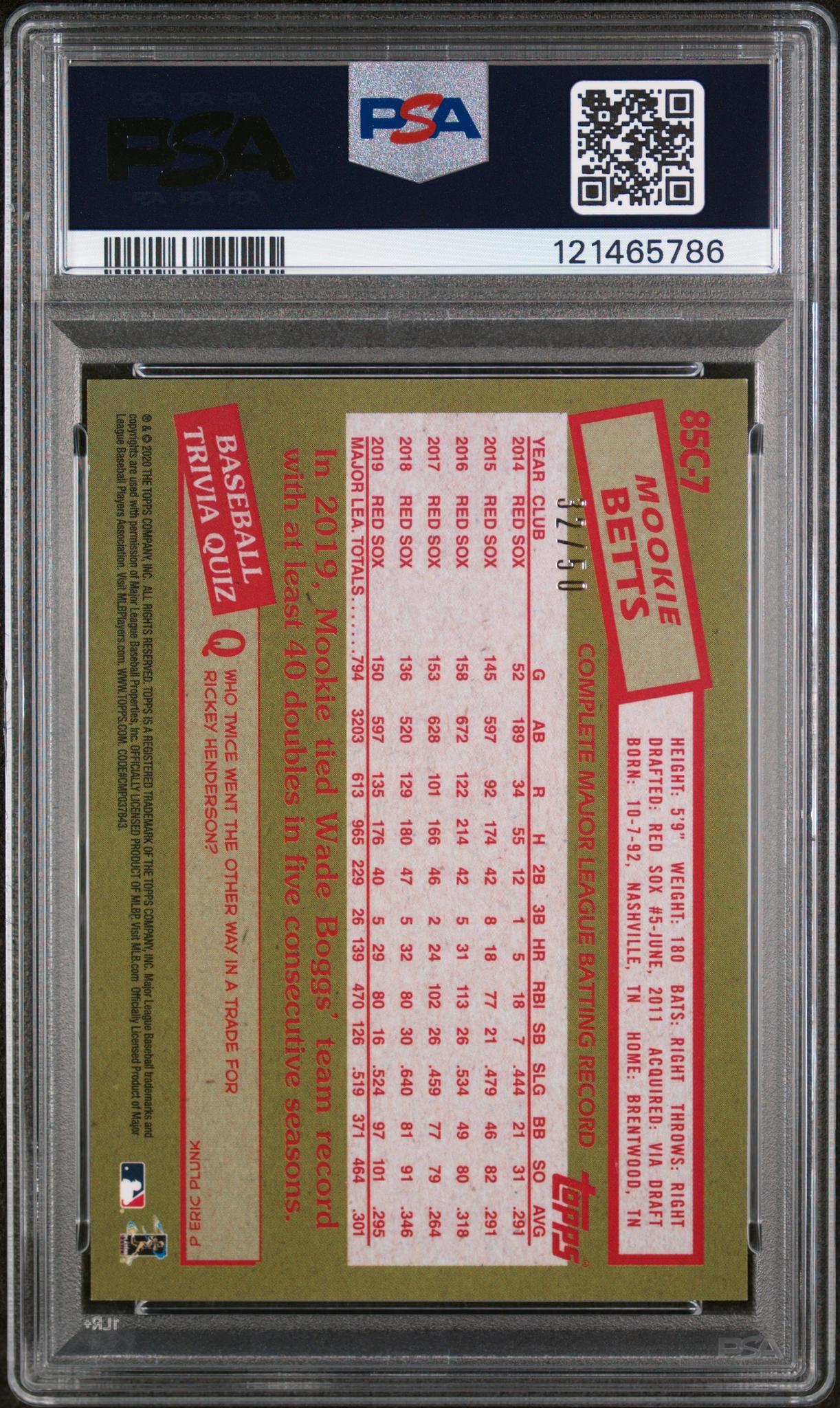 2020 Topps Silver Pack Gold Refractor Mookie Betts #85C-7 /50 PSA 10