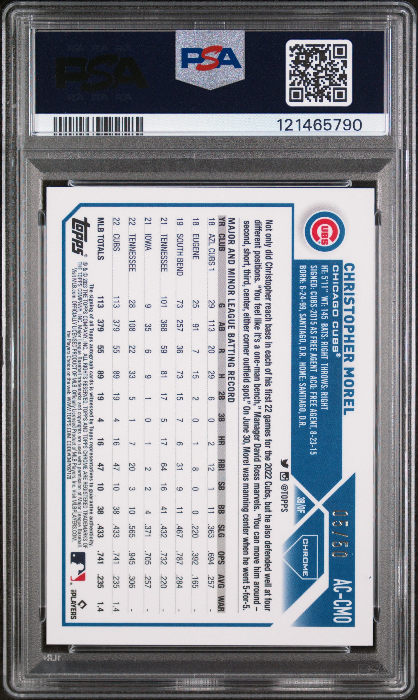 2023 Topps Chrome #AC-CMO Christopher Morel Gold Wave Refractor /50 PSA 8