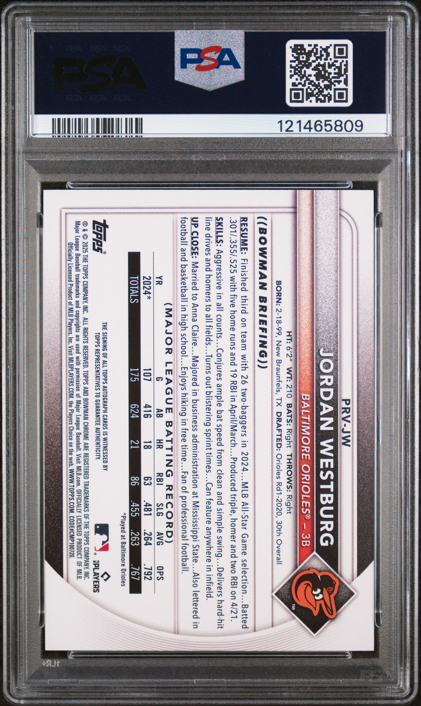 2025 Topps Bowman Rookies & Vets Jordan Westburg #PRV-JW Auto PSA 10