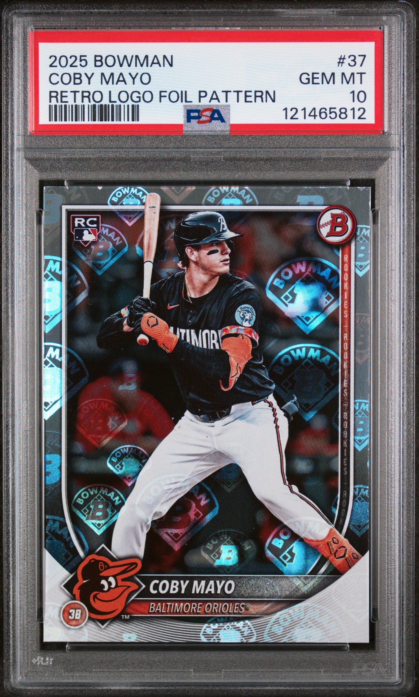 2025 Topps Bowman Retro Logo Foil Pattern Coby Mayo #37 RC PSA 10