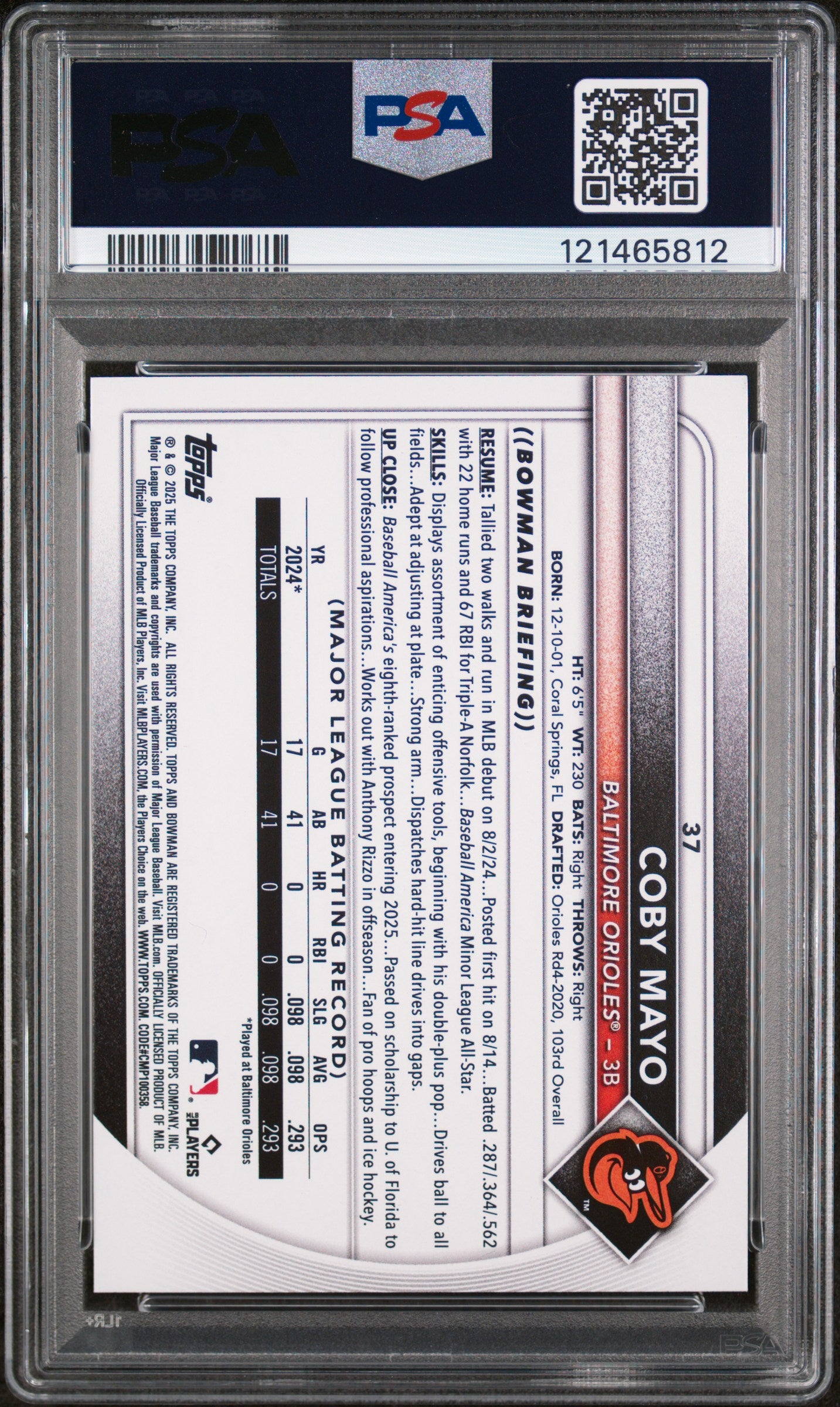 2025 Topps Bowman Retro Logo Foil Pattern Coby Mayo #37 RC PSA 10