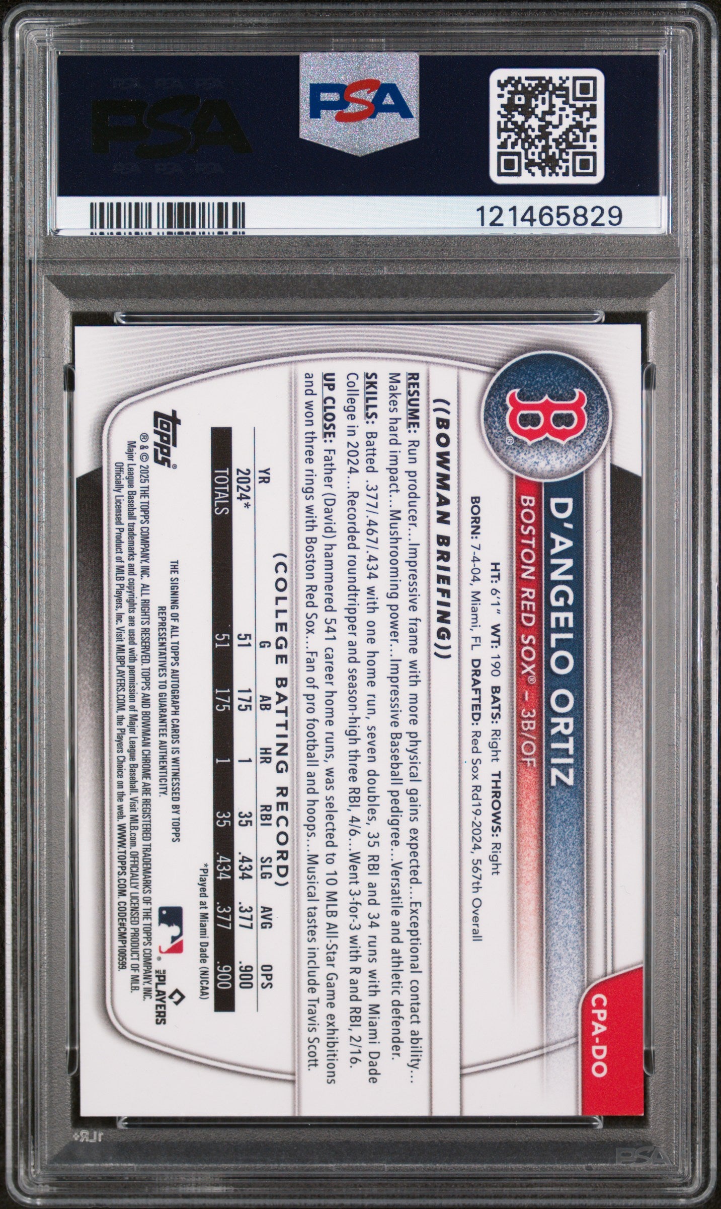 2025 Bowman Chrome Green Grass D'Angelo Ortiz #CPA-DO Auto /99 PSA 9