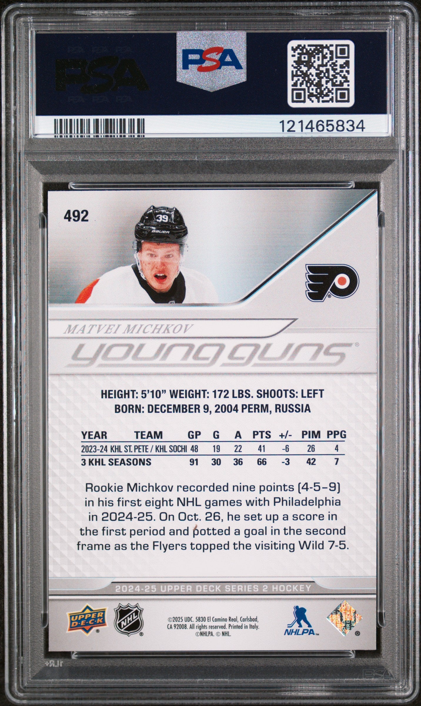 2024 Upper Deck Series 2 Young Guns Matvei Michkov #492 RC PSA 9