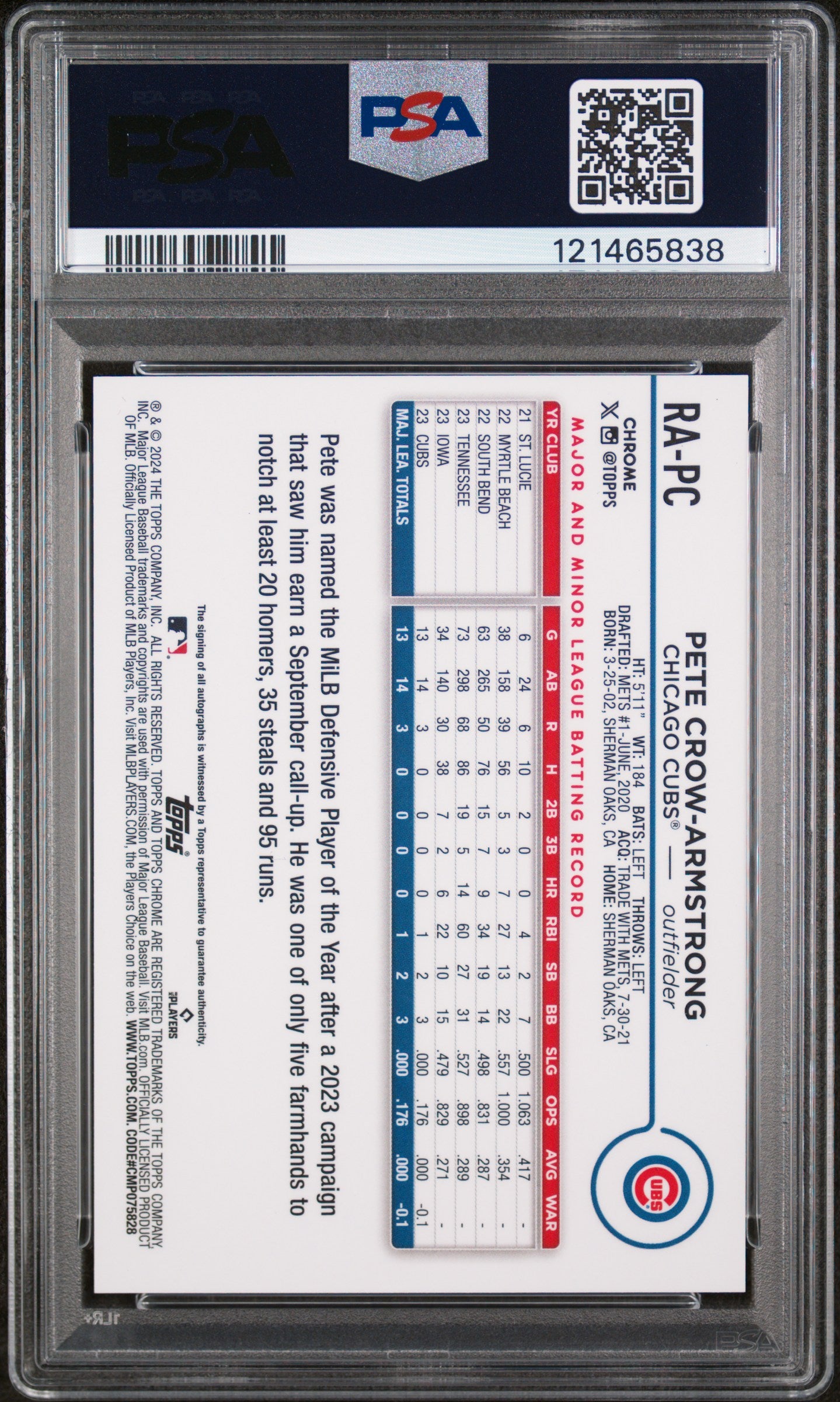 2024 Topps Chrome Pete Crow-Armstrong #RA-PC RC Auto PSA 9