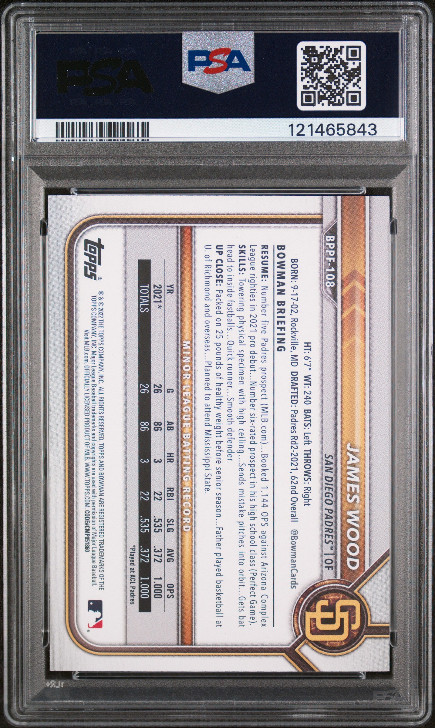 2022 Topps Bowman 1st Edition Sky Blue Foil James Wood #BPPF108 PSA 9