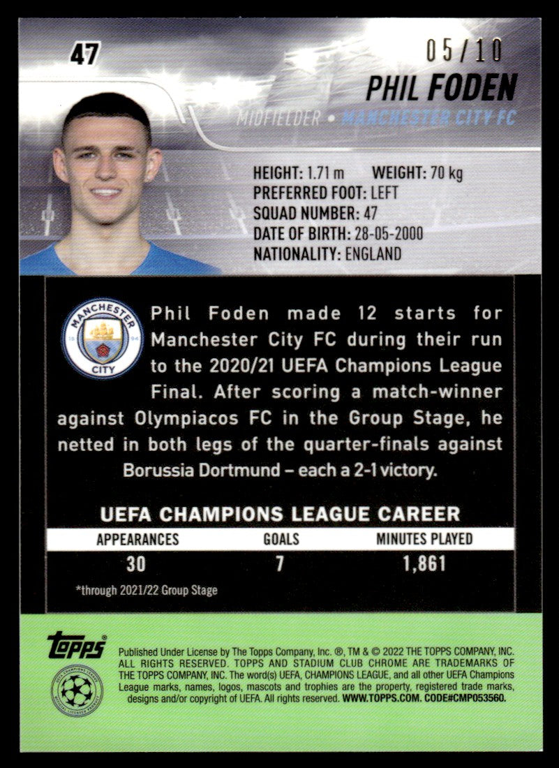 2022 Stadium Club Chrome #47 Phil Foden /10