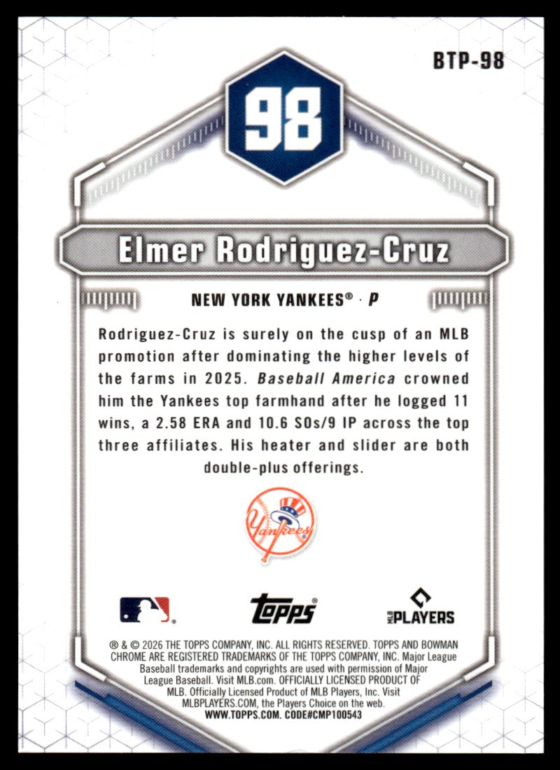 2026 Bowman Chrome BTP-98 Elmer Rodriguez-Cruz Rookie Top 100 Gold /50